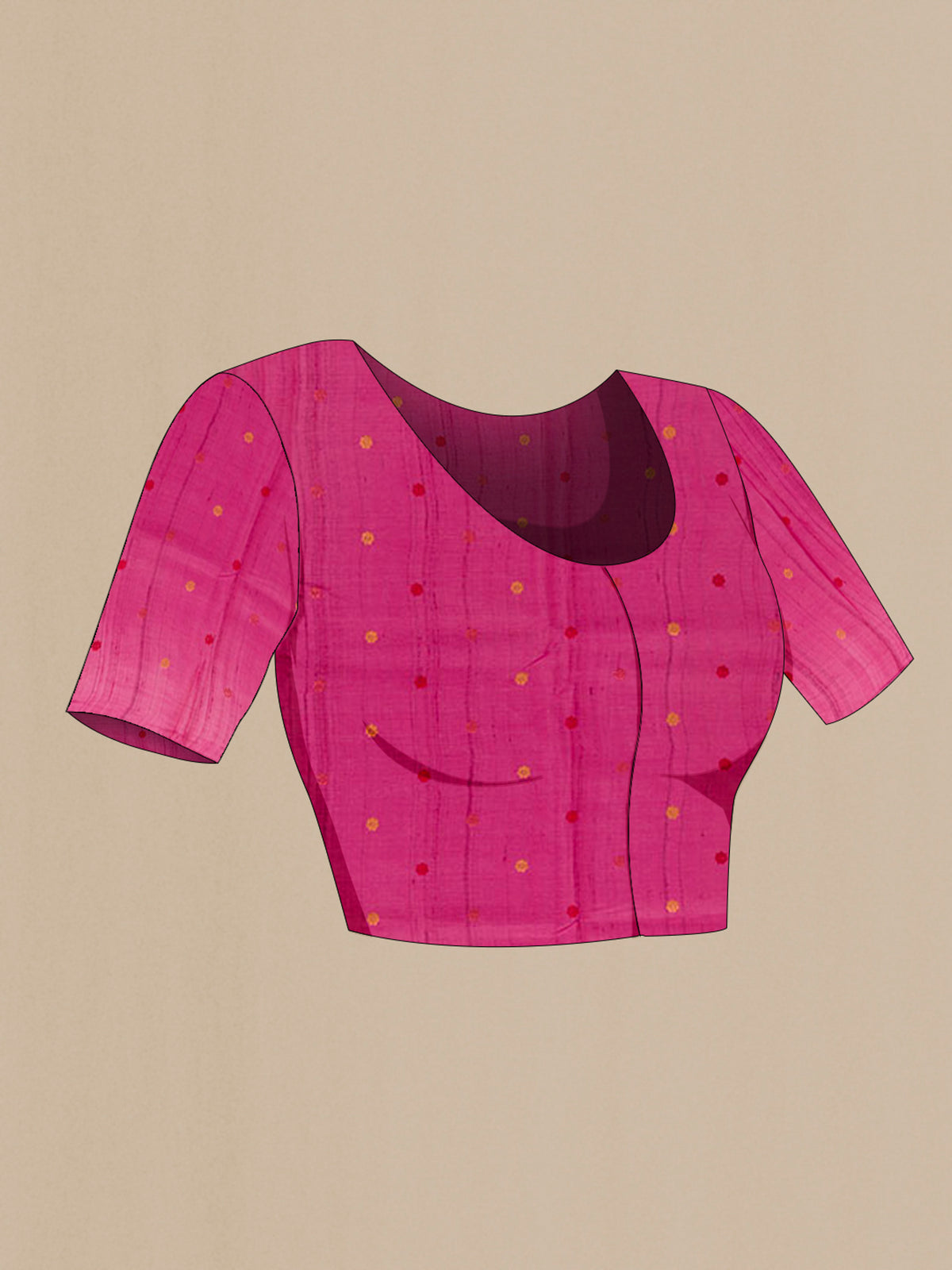 Close up image of the blouse of Pink Tussar Saree with Embroidery on the body and Embroidery Border. 
