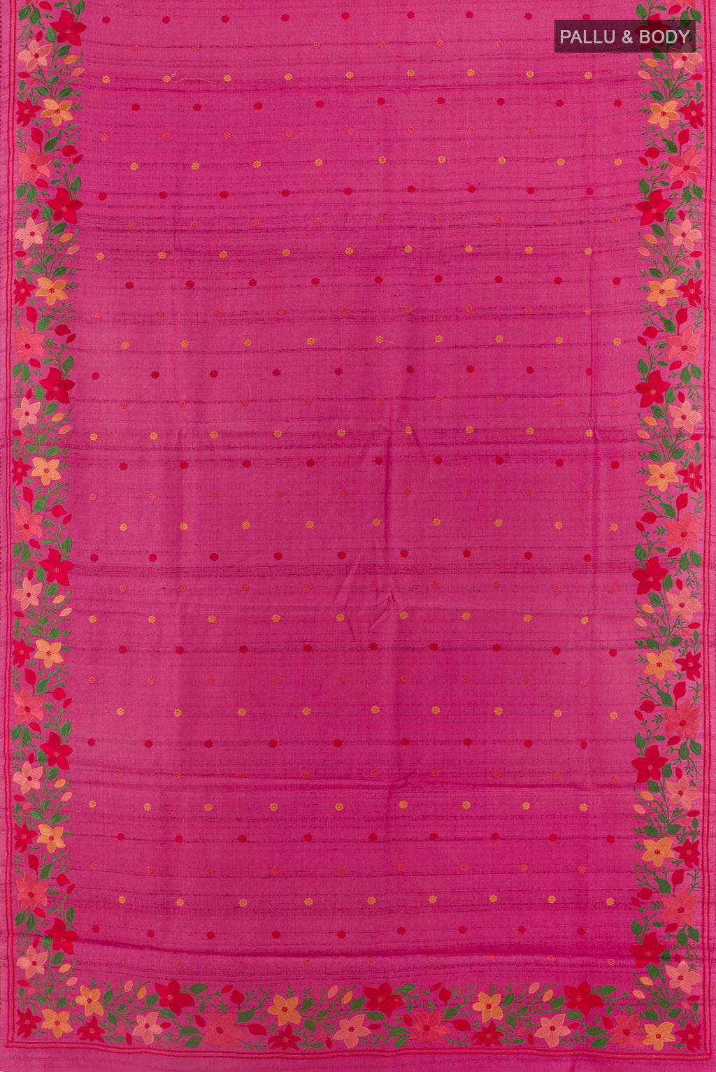 Flat view of Pink Tussar Saree with Embroidery on the body and Embroidery Border. 