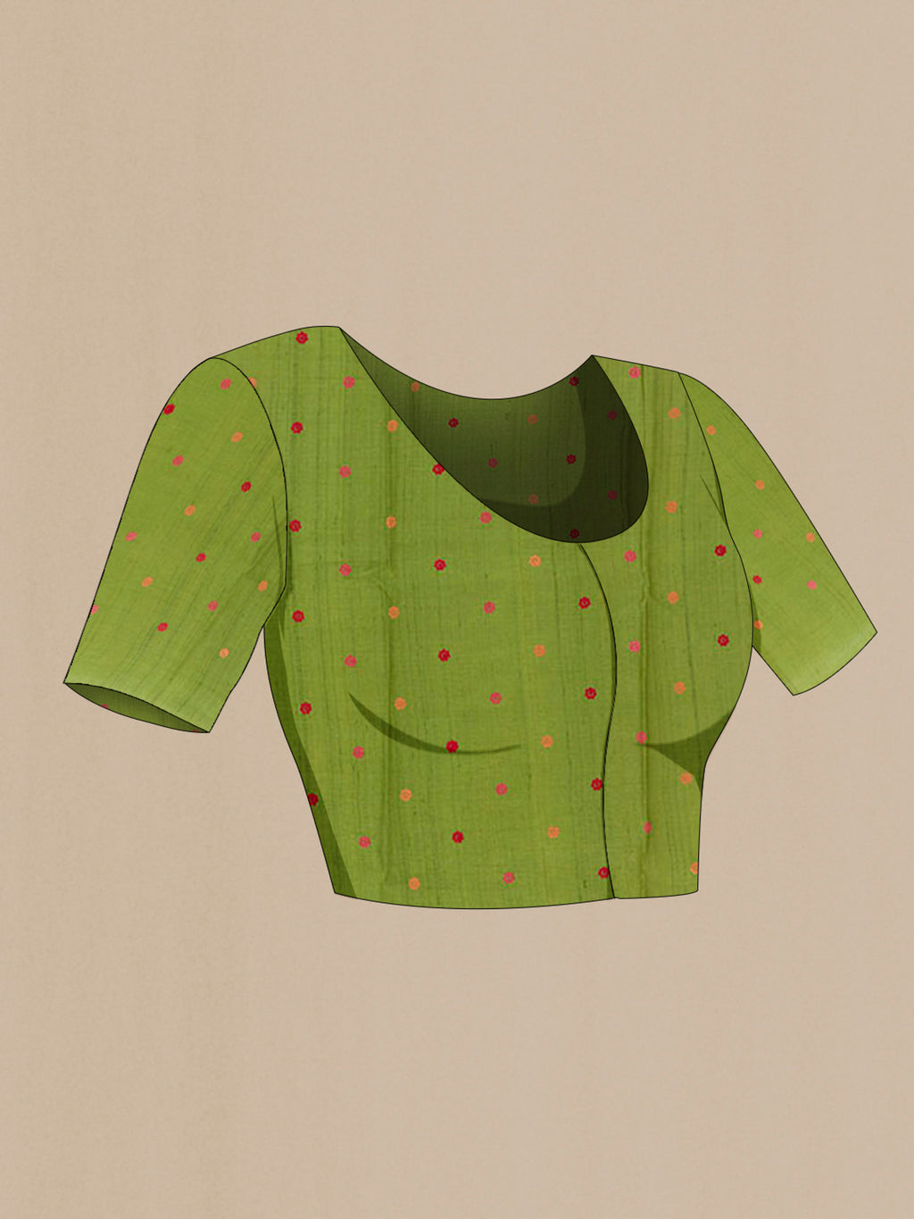 Close up image of the blouse of Green Tussar Saree with Embroidery on the body and Embroidery Border. 