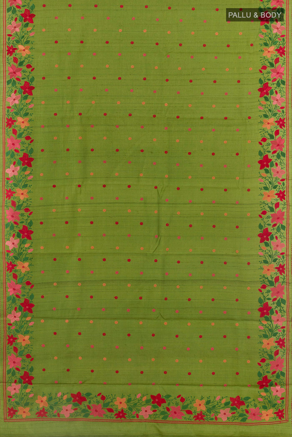 Flat view of Green Tussar Saree with Embroidery on the body and Embroidery Border. 