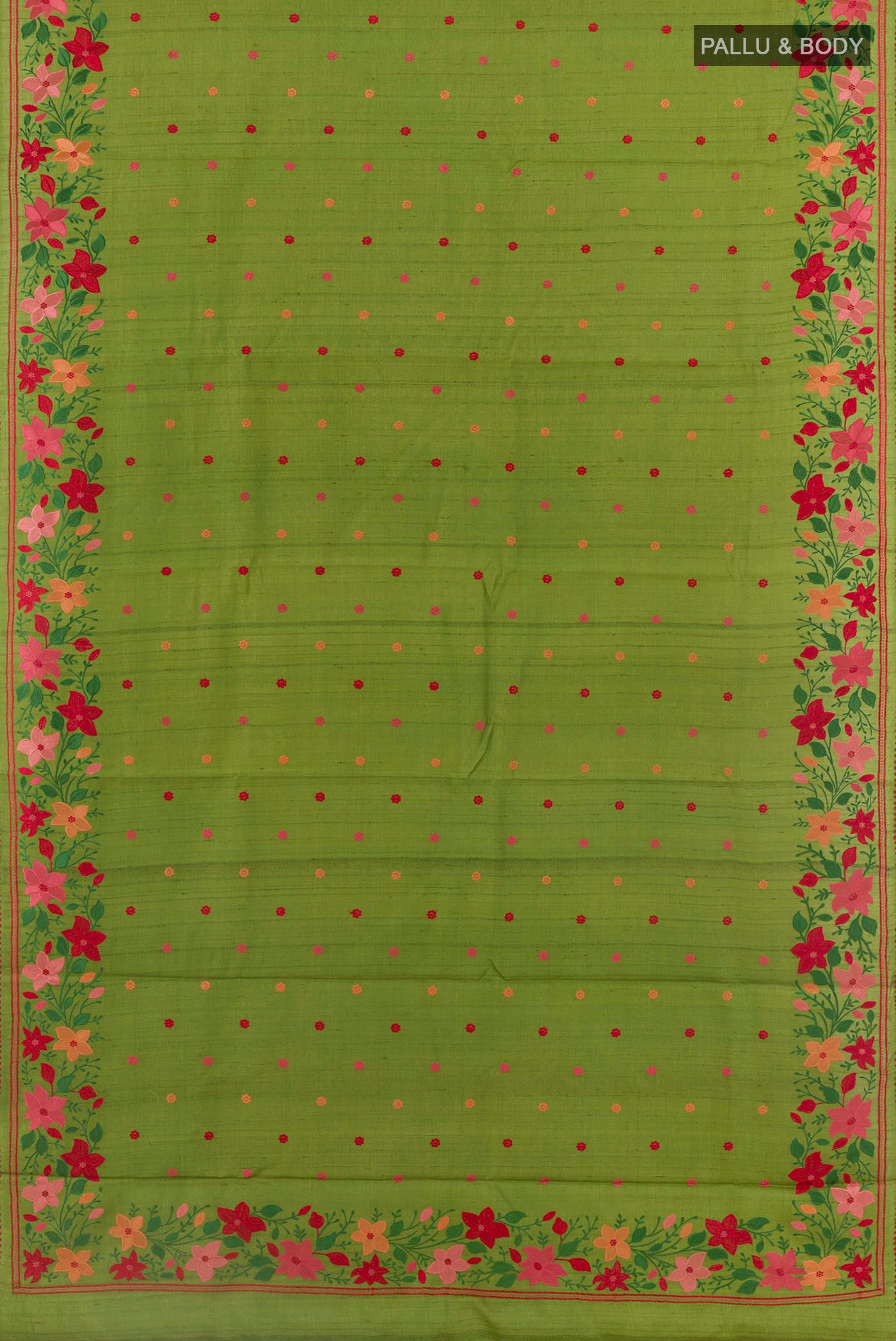 Flat view of Green Tussar Saree with Embroidery on the body and Embroidery Border. 