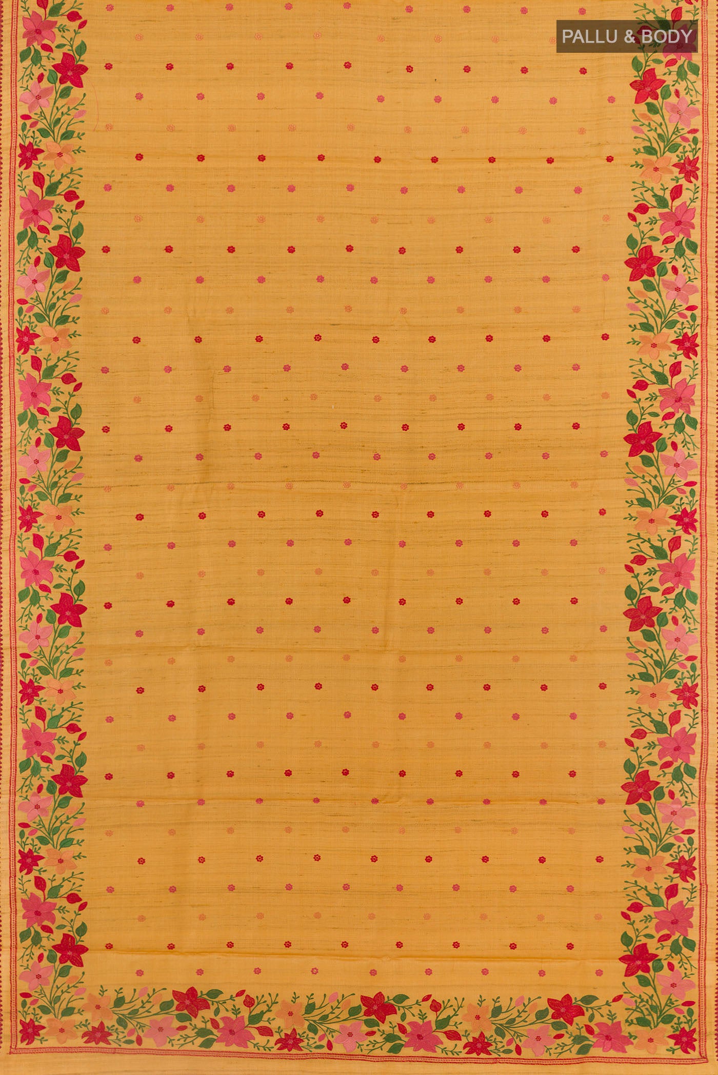 Flat view of Yellow Tussar Saree with Thread Butta on the body and Zari Border. 