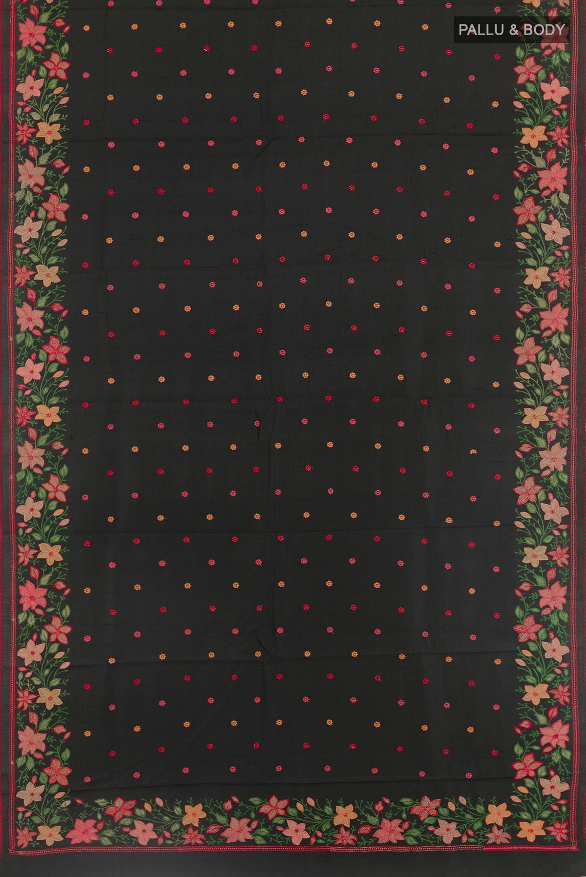 Flat view of Black Tussar Saree with Thread Butta on the body and Zari Border. 