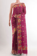 Purple Tussar Saree with Embroidery on the body and Embroidery Border.  displayed on a mannequin