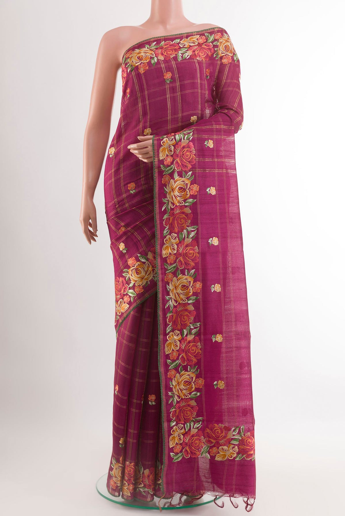 Purple Tussar Saree with Embroidery on the body and Embroidery Border.  displayed on a mannequin