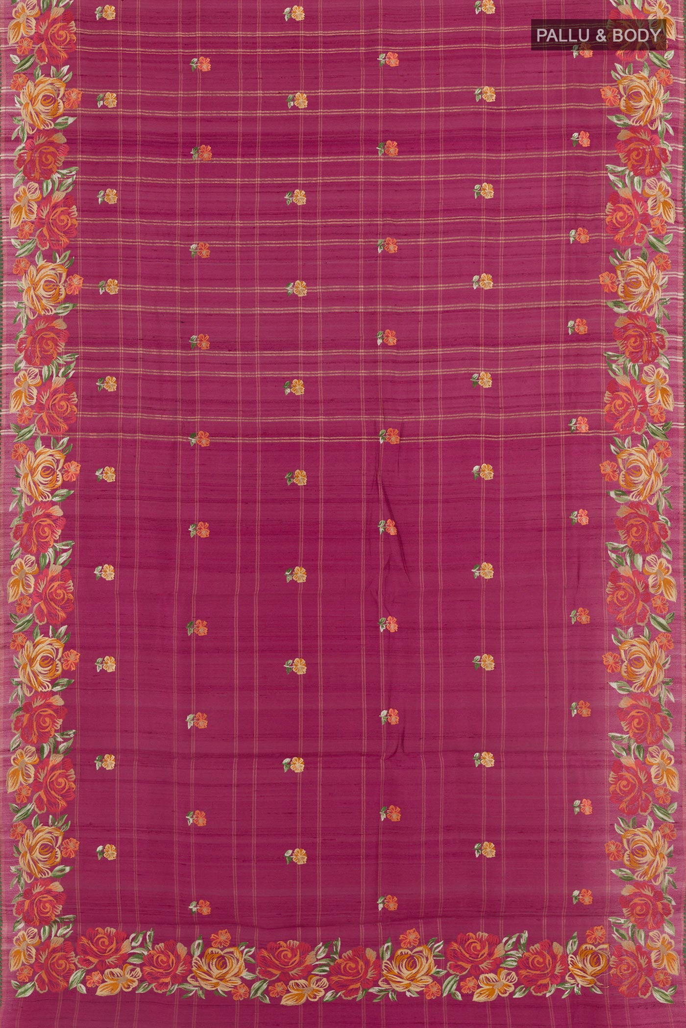 Flat view of Purple Tussar Saree with Embroidery on the body and Embroidery Border. 