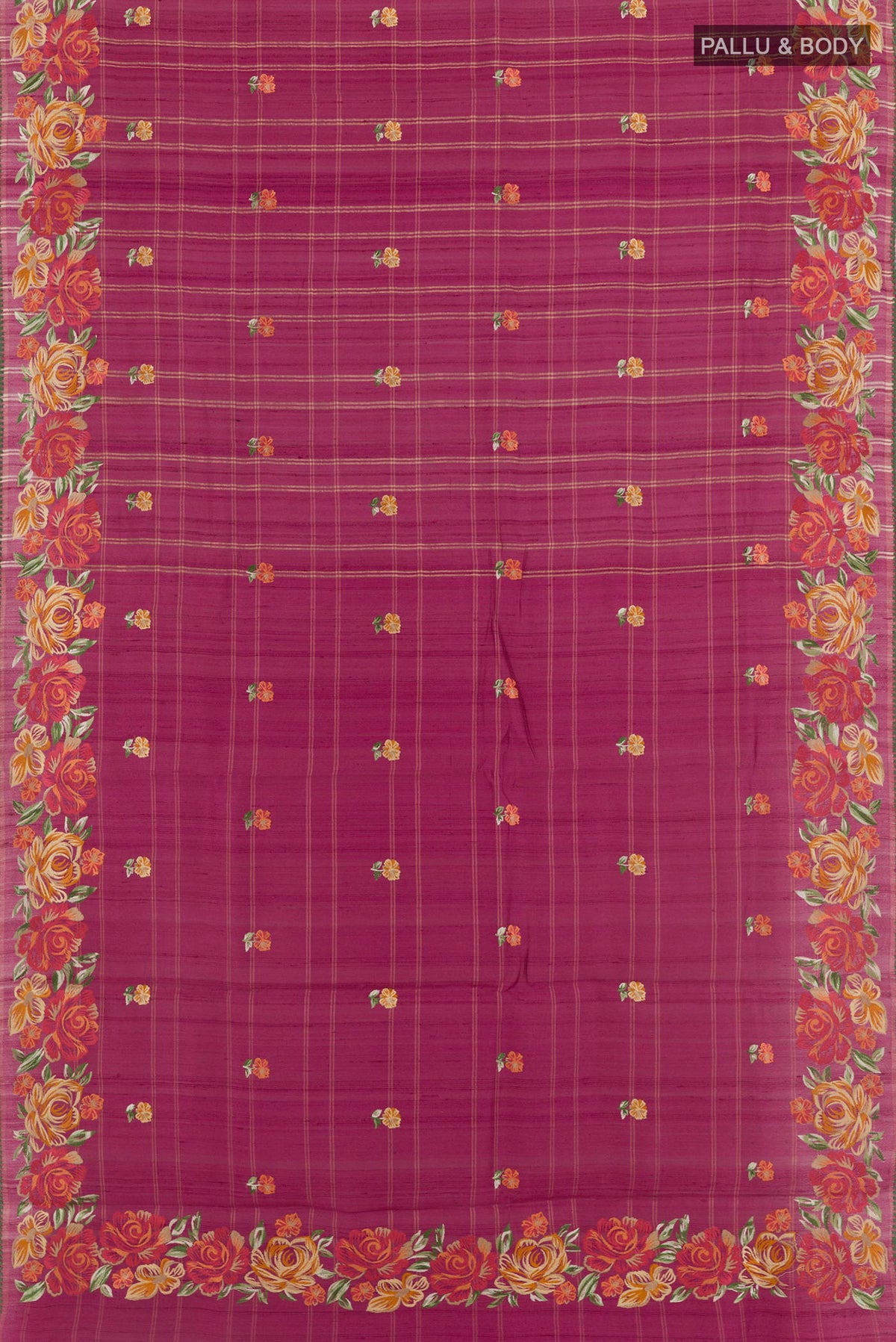 Flat view of Purple Tussar Saree with Embroidery on the body and Embroidery Border. 