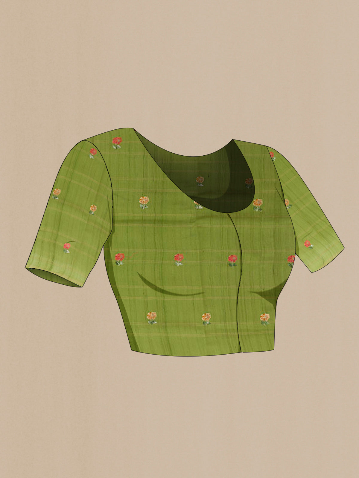 Close up image of the blouse of Green Tussar Saree with Embroidery on the body and Embroidery Border. 
