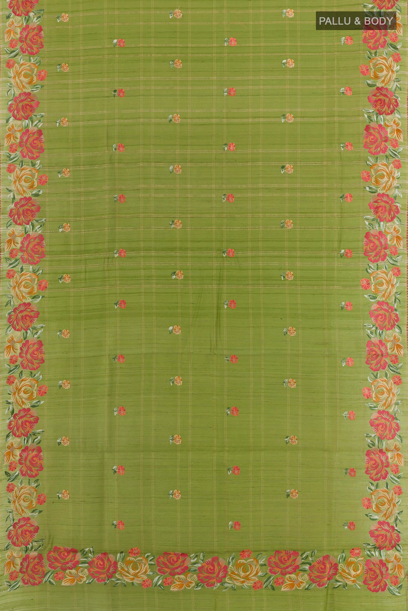 Flat view of Green Tussar Saree with Embroidery on the body and Embroidery Border. 
