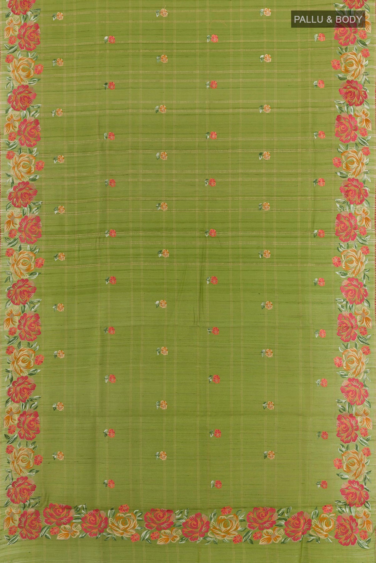 Flat view of Green Tussar Saree with Embroidery on the body and Embroidery Border. 