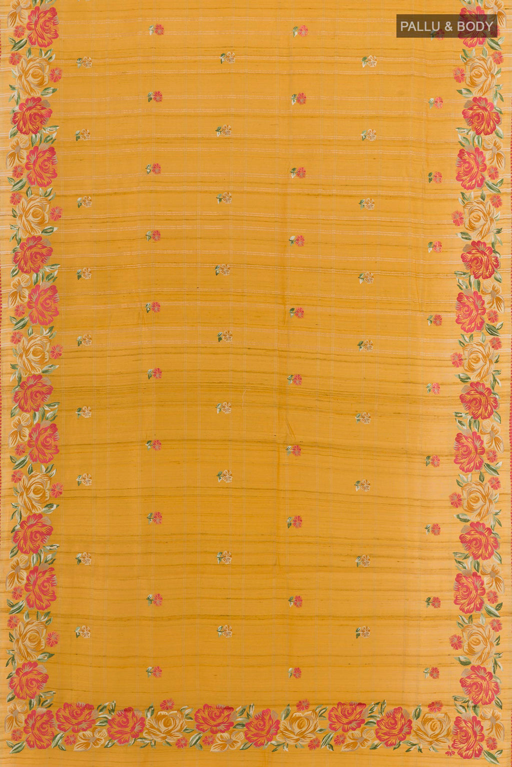 Flat view of Yellow Tussar Saree with Embroidery on the body and Embroidery Border. 