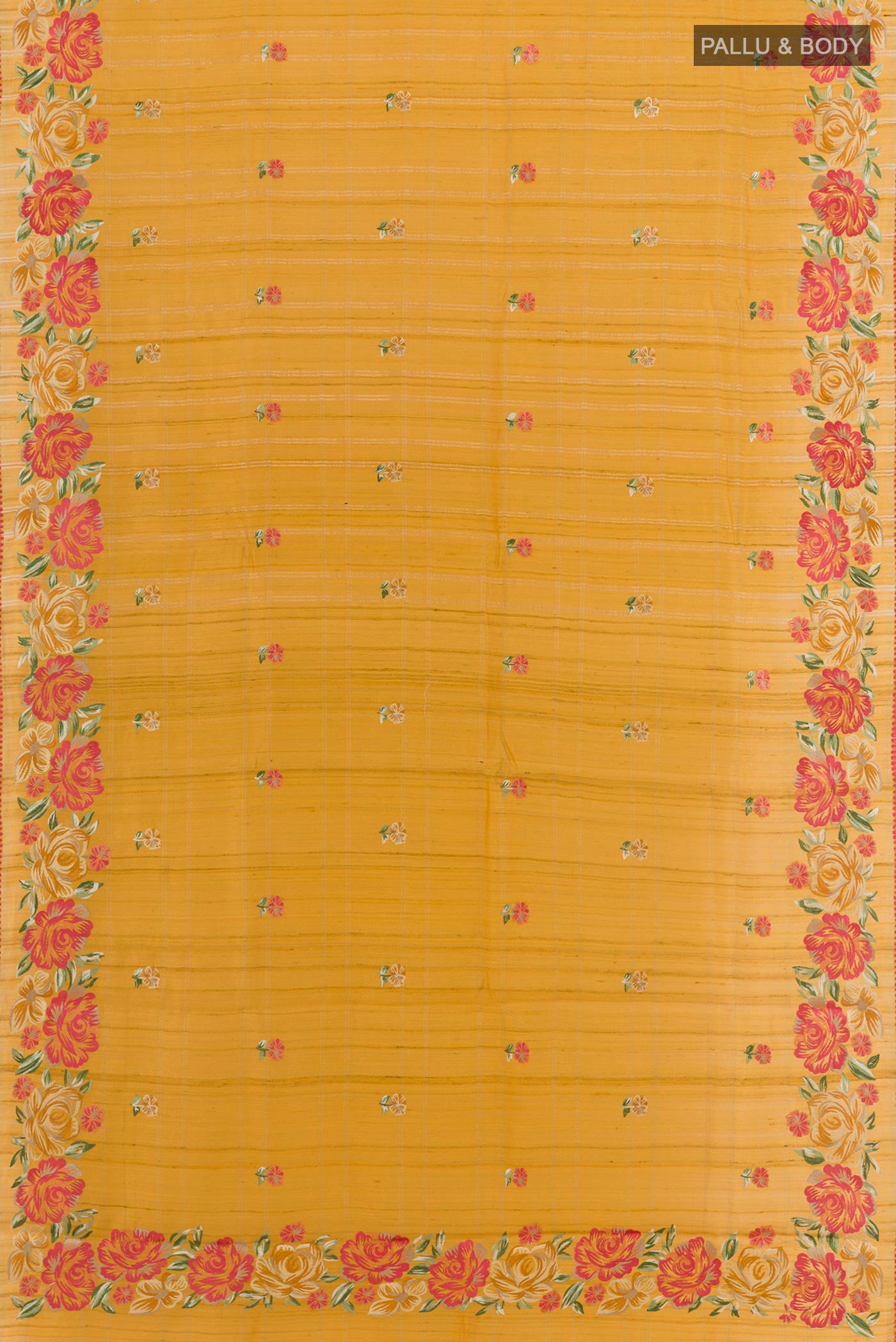 Flat view of Yellow Tussar Saree with Embroidery on the body and Embroidery Border. 