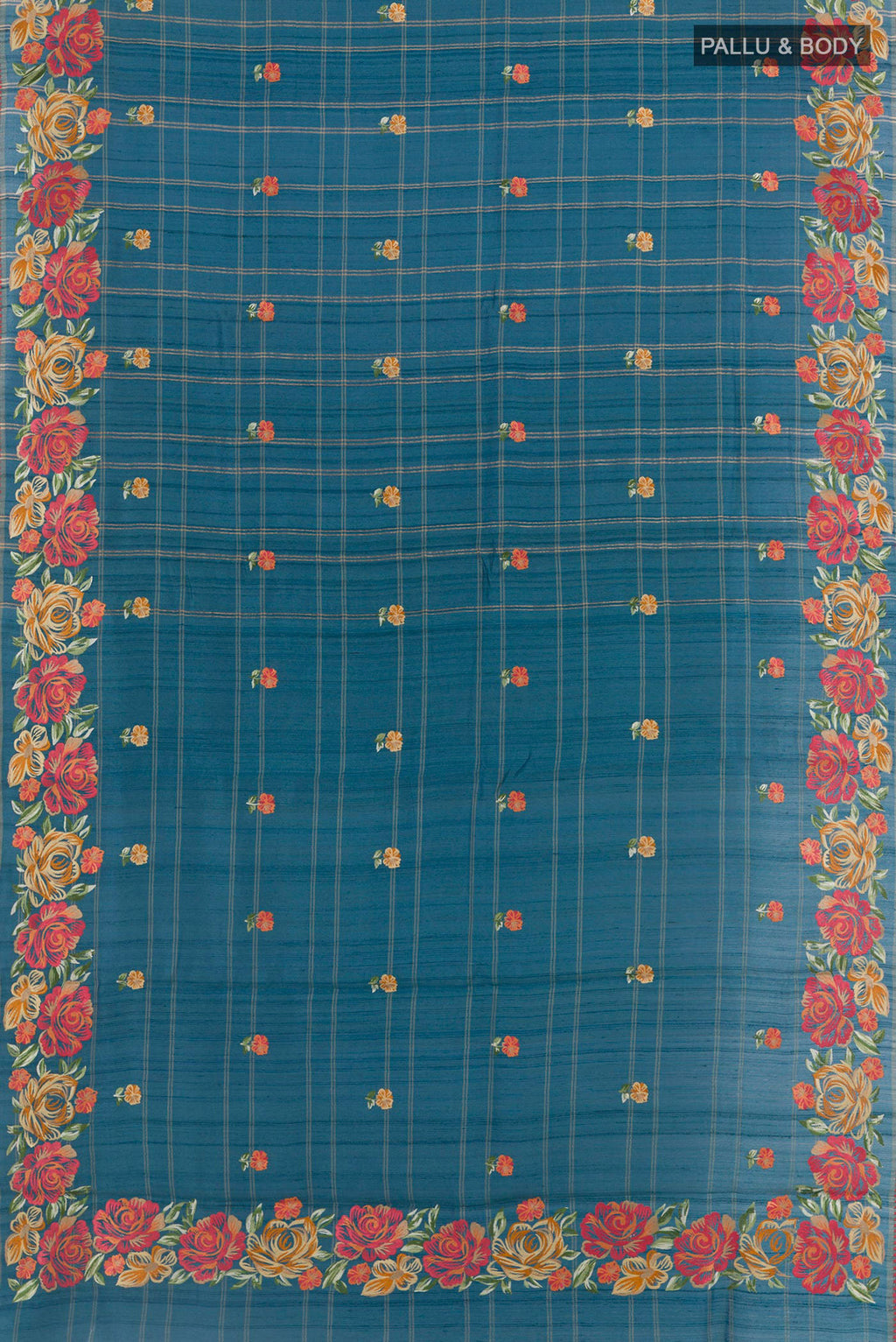 Flat view of Blue Tussar Saree with Embroidery on the body and Embroidery Border. 