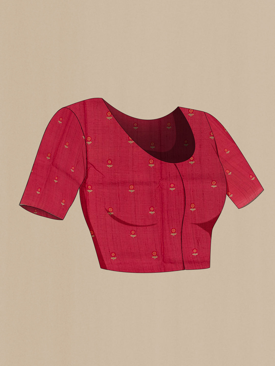 Close up image of the blouse of Red Tussar Saree with Thread Butta on the body and Embroidery Border. 