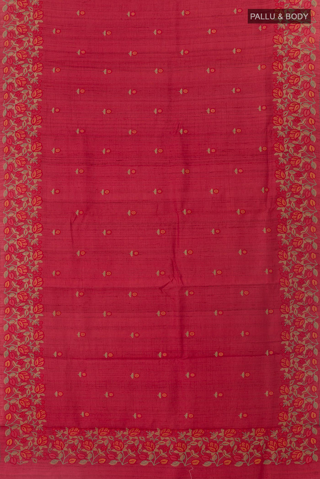 Flat view of Red Tussar Saree with Thread Butta on the body and Embroidery Border. 