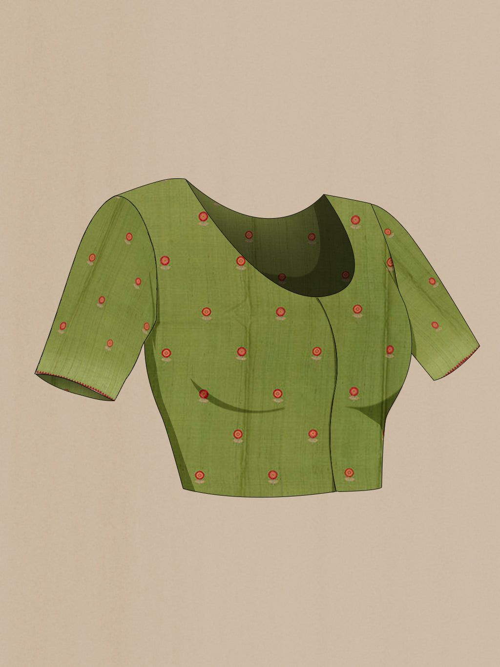 Close up image of the blouse of Green Tussar Saree with Thread Butta on the body and Embroidery Border. 