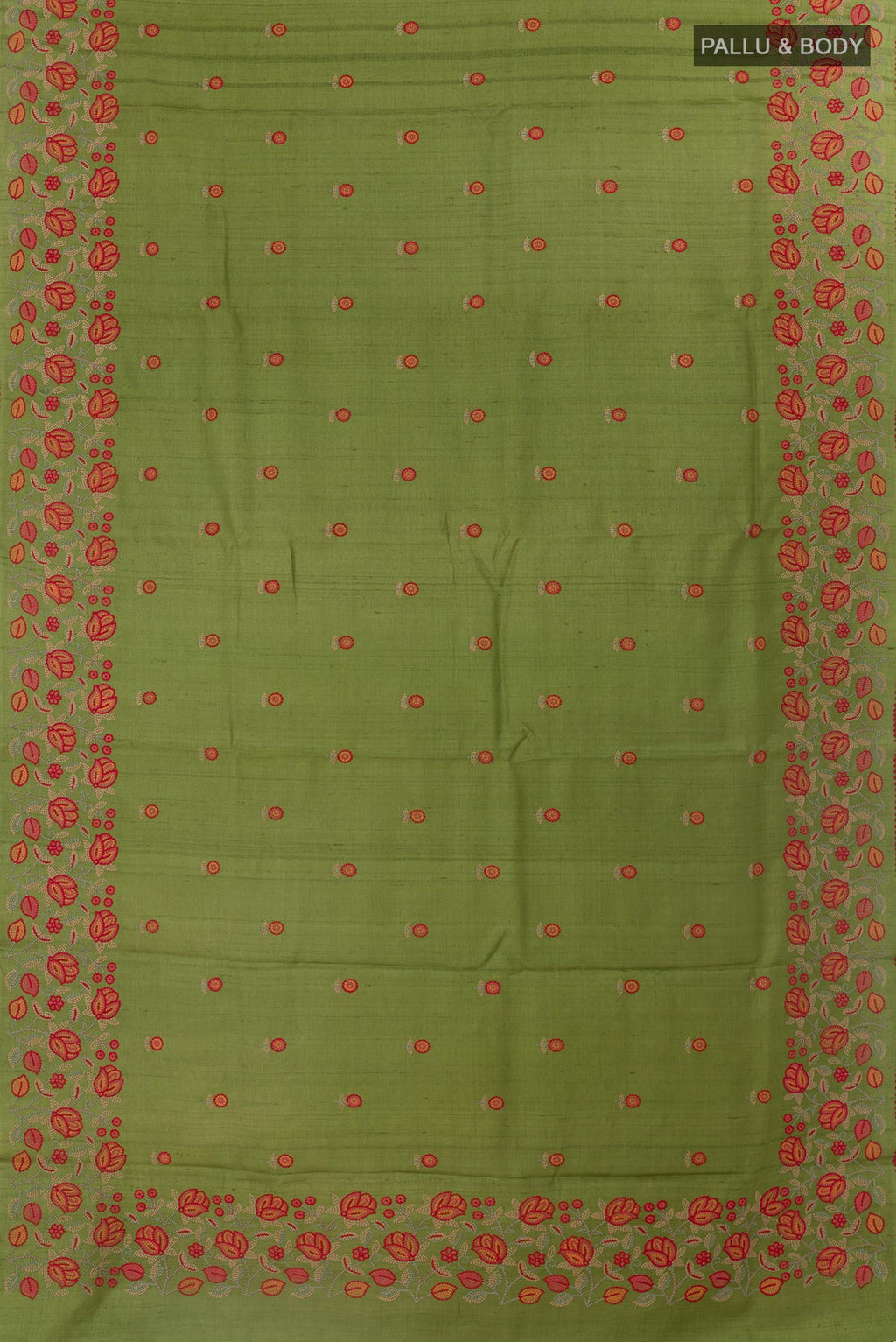 Flat view of Green Tussar Saree with Thread Butta on the body and Embroidery Border. 