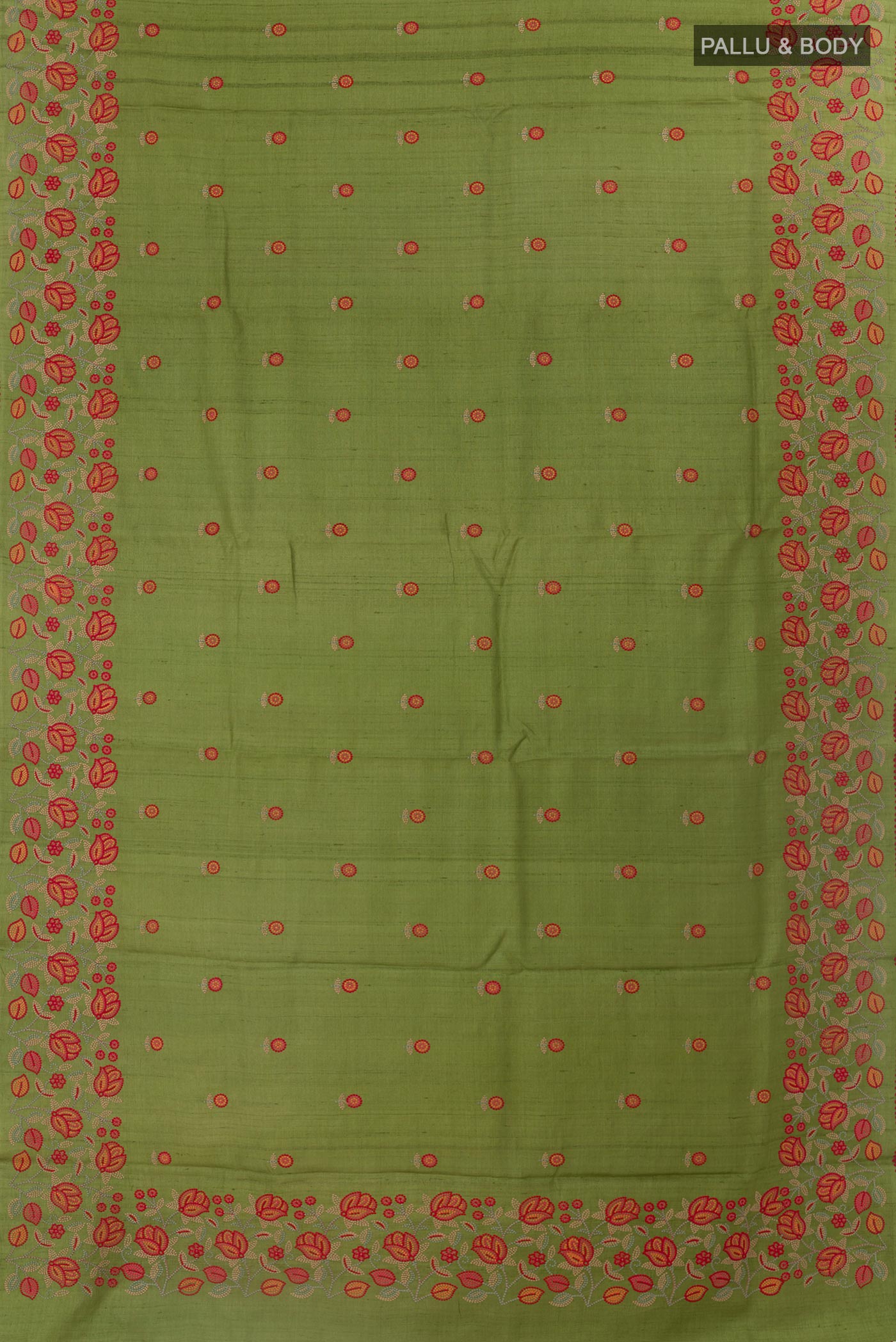 Flat view of Green Tussar Saree with Thread Butta on the body and Embroidery Border. 