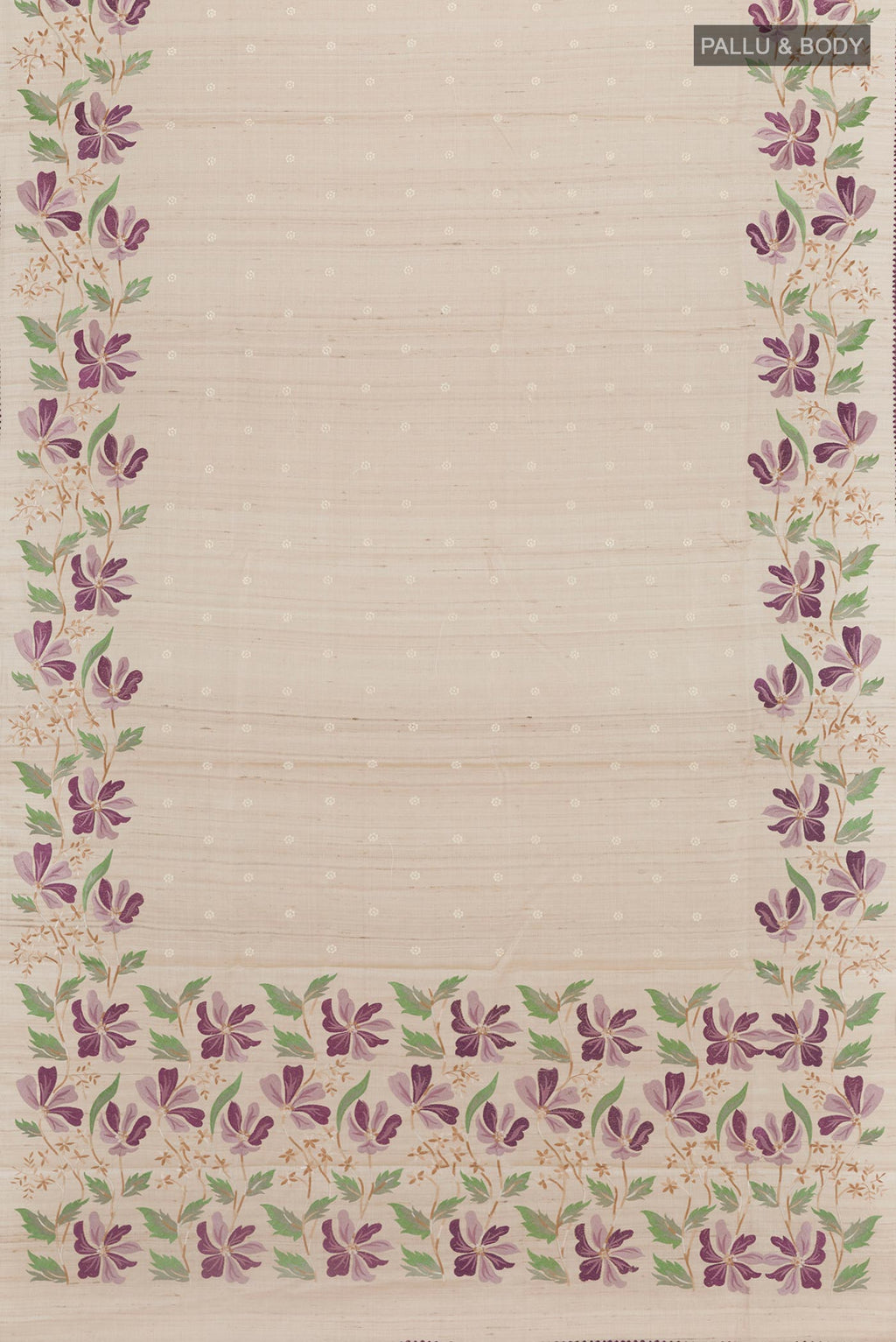 Flat view of Cream Tussar Saree with Thread Butta on the body and Embroidery Border. 