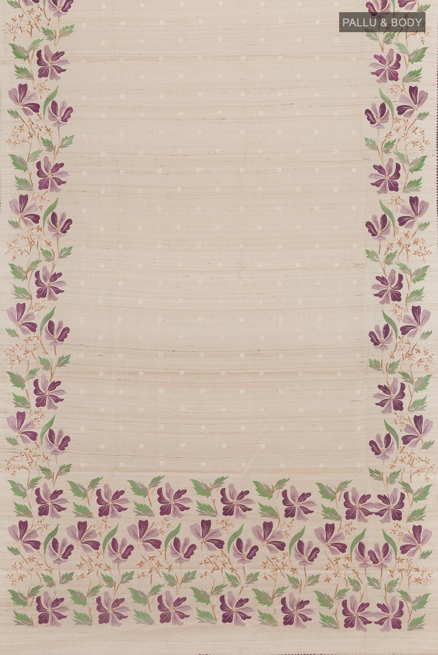 Flat view of Cream Tussar Saree with Thread Butta on the body and Embroidery Border. 