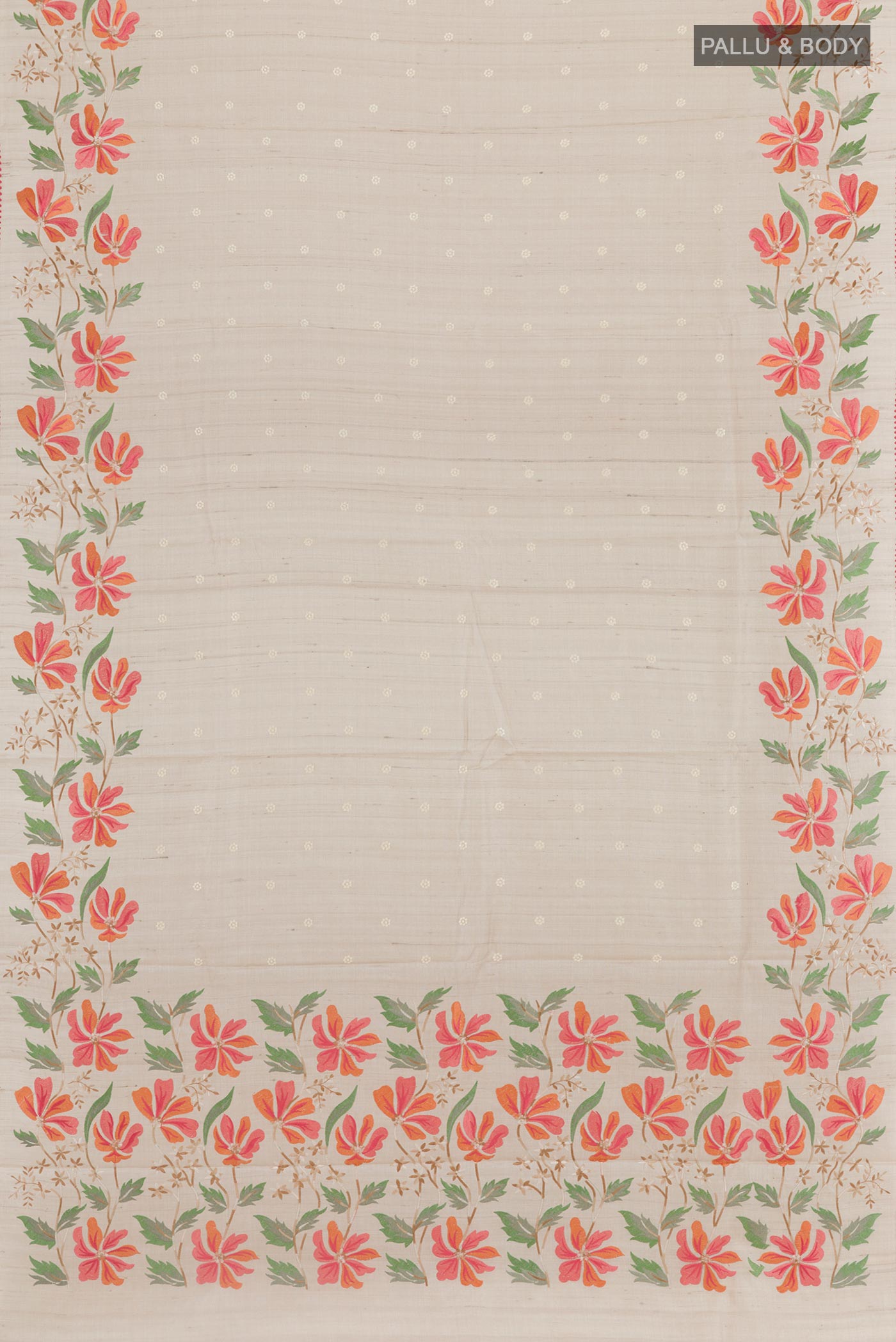 Flat view of Cream Tussar Saree with Thread Butta on the body and Embroidery Border. 
