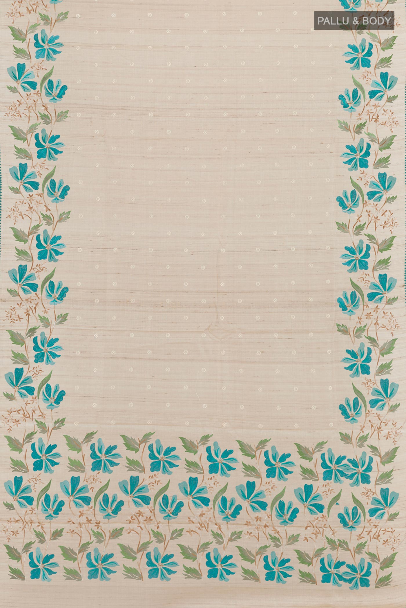 Flat view of Cream Tussar Saree with Thread Butta on the body and Embroidery Border. 