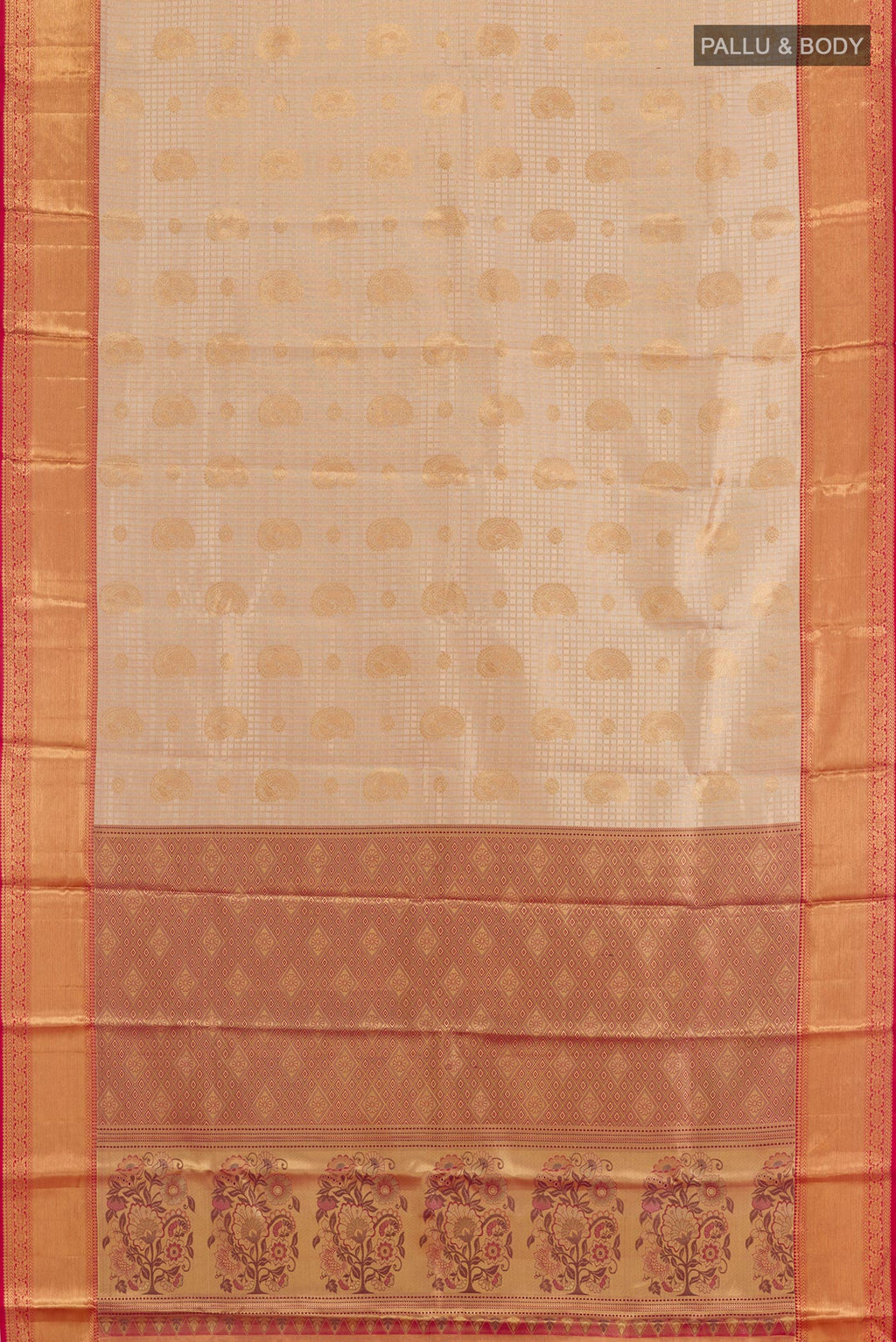 Flat view of Golden Kanjivaram Silk Saree with Zari Brocade on the body and Zari Border. 