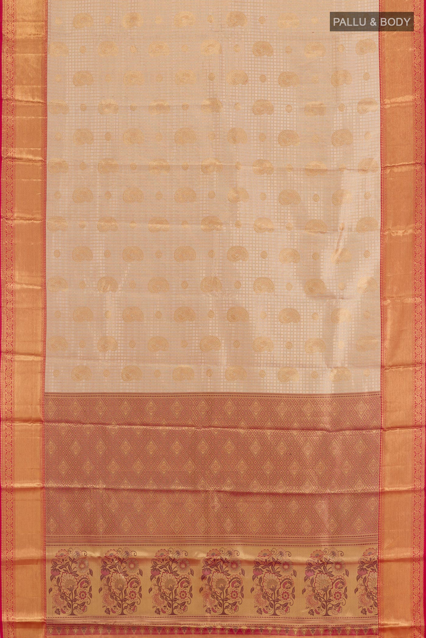 Flat view of Golden Kanjivaram Silk Saree with Zari Brocade on the body and Zari Border. 
