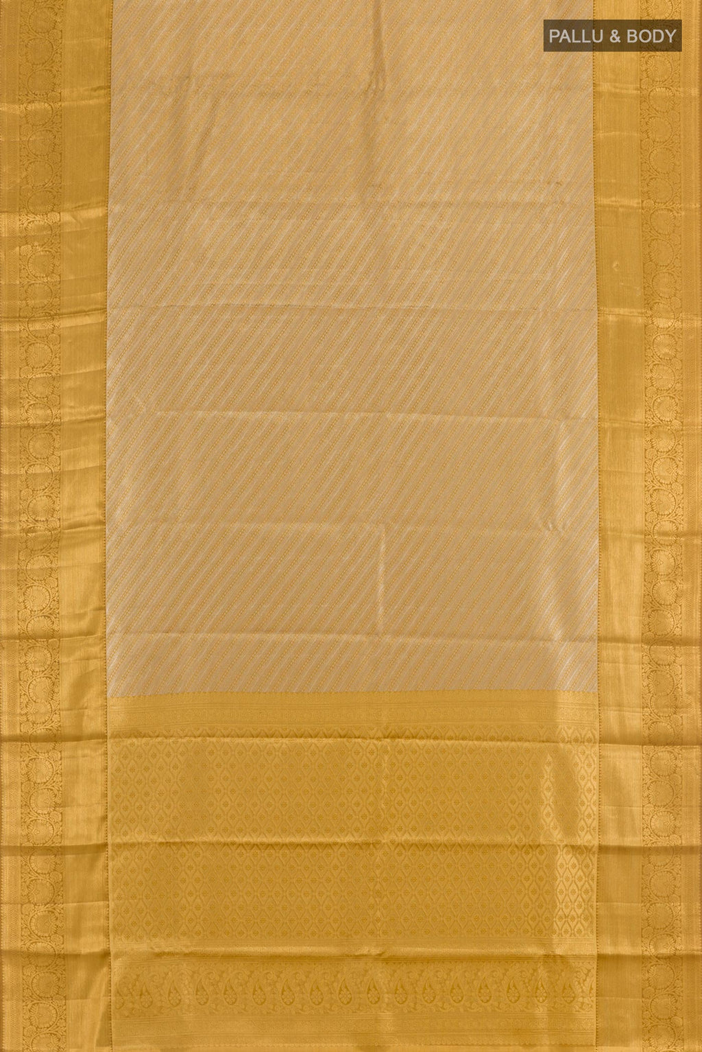 Flat view of Golden Kanjivaram Silk Saree with Zari Brocade on the body and Paithani Border. 