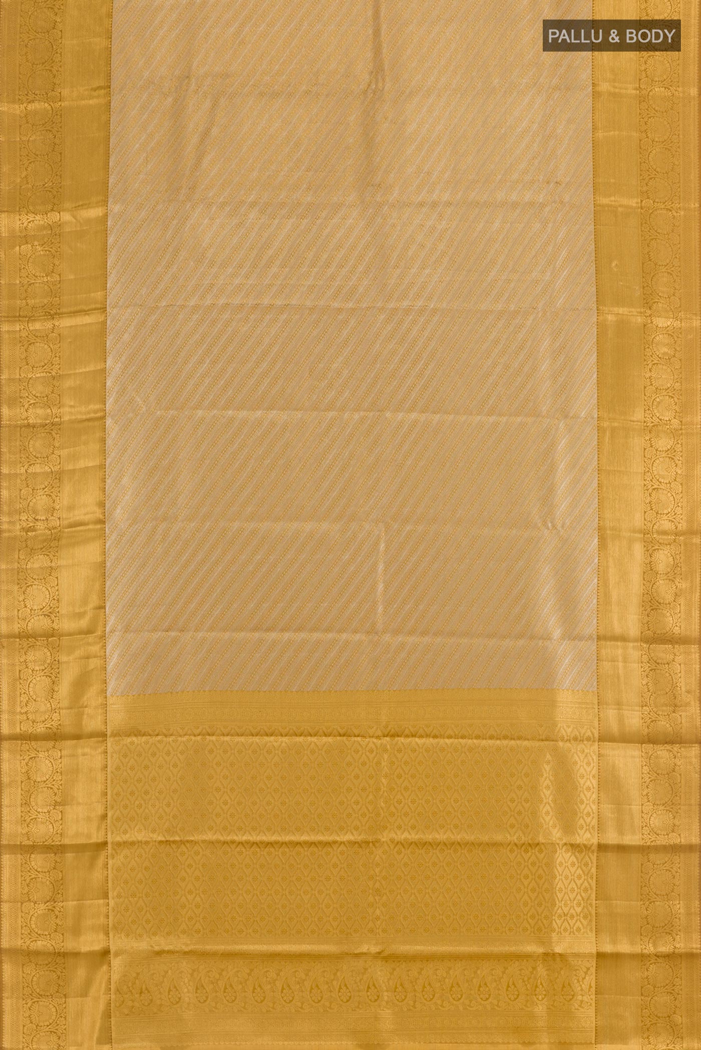 Flat view of Golden Kanjivaram Silk Saree with Zari Brocade on the body and Paithani Border. 