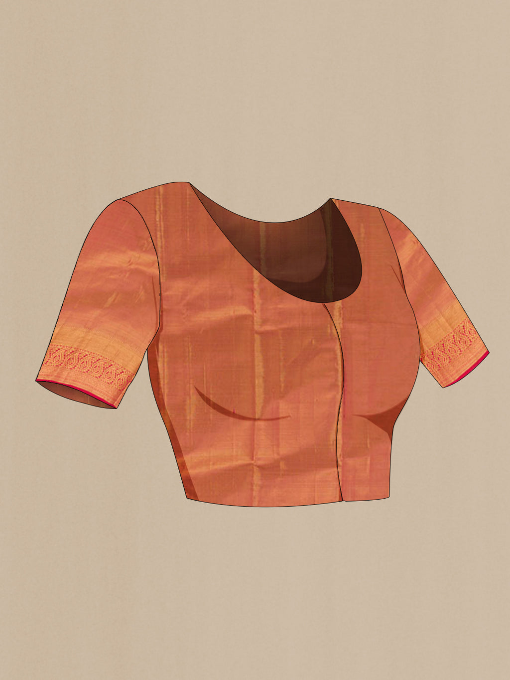 Close up image of the blouse of Golden Peach Kanjivaram Tissue Silk Saree with Zari Brocade on the body and Zari Border. 