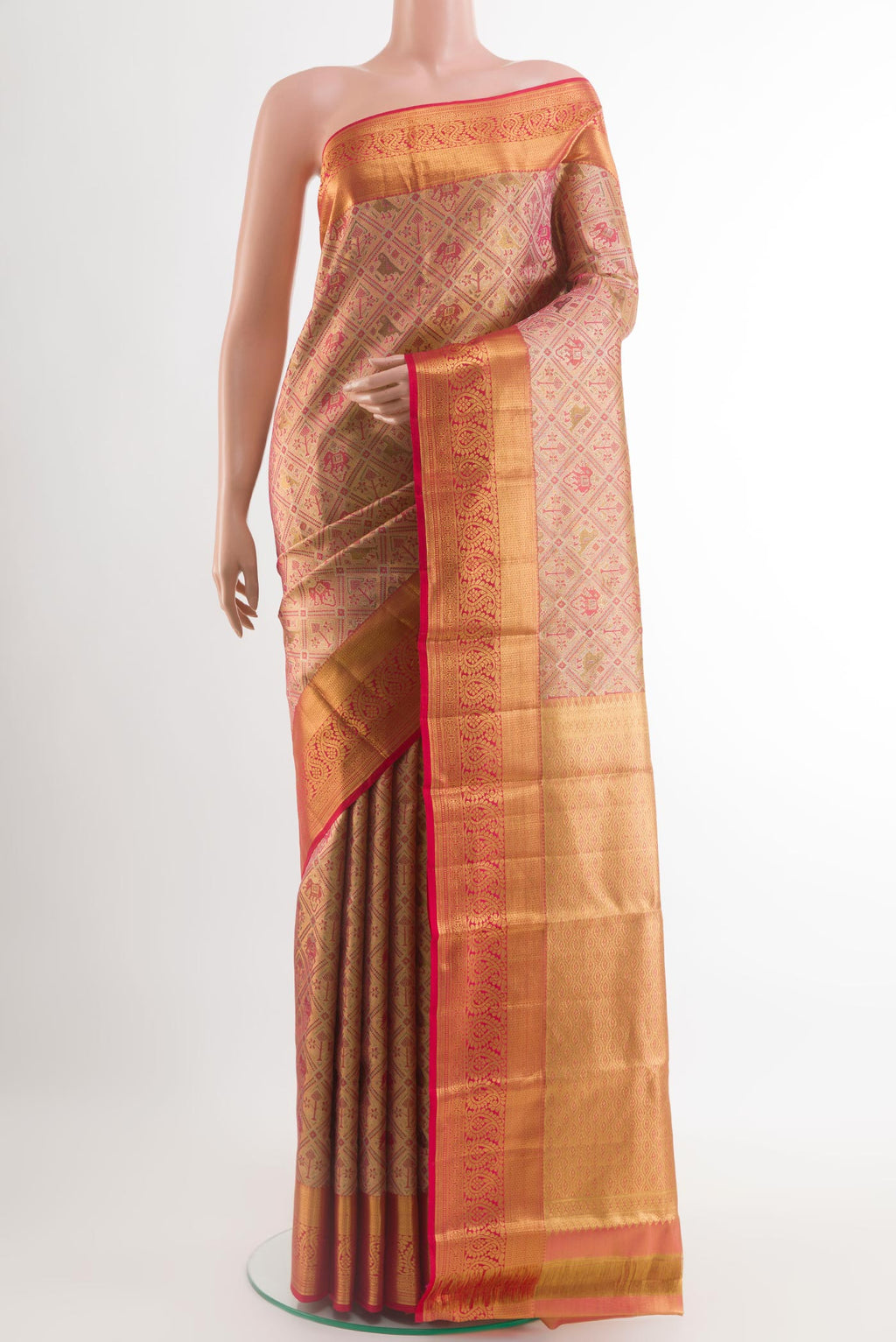 Golden Peach Kanjivaram Tissue Silk Saree with Zari Brocade on the body and Zari Border.  displayed on a mannequin