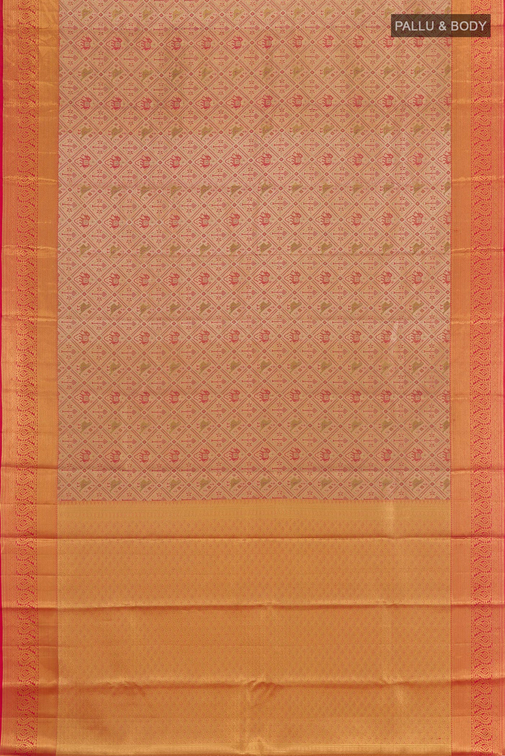Flat view of Golden Peach Kanjivaram Tissue Silk Saree with Zari Brocade on the body and Zari Border. 