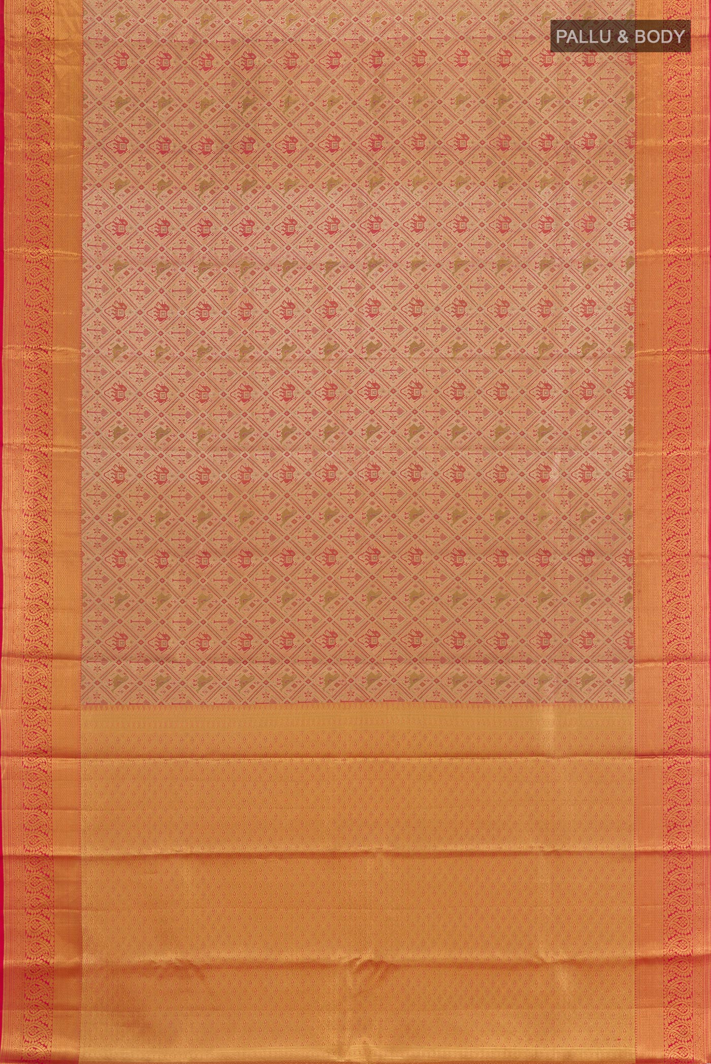 Flat view of Golden Peach Kanjivaram Tissue Silk Saree with Zari Brocade on the body and Zari Border. 