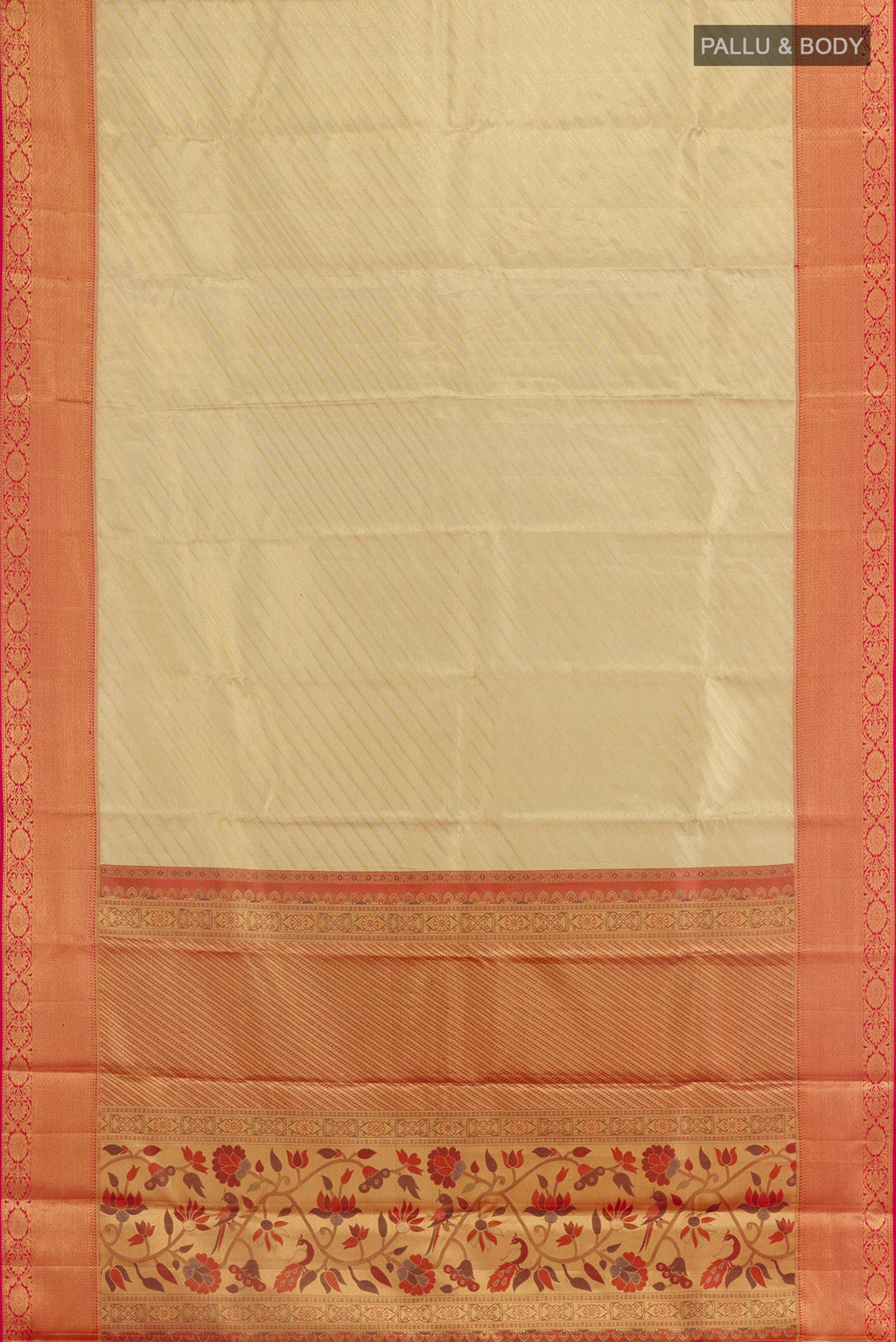 Flat view of Off White Kanjivaram Silk Saree with Zari Brocade on the body and Zari Border. 