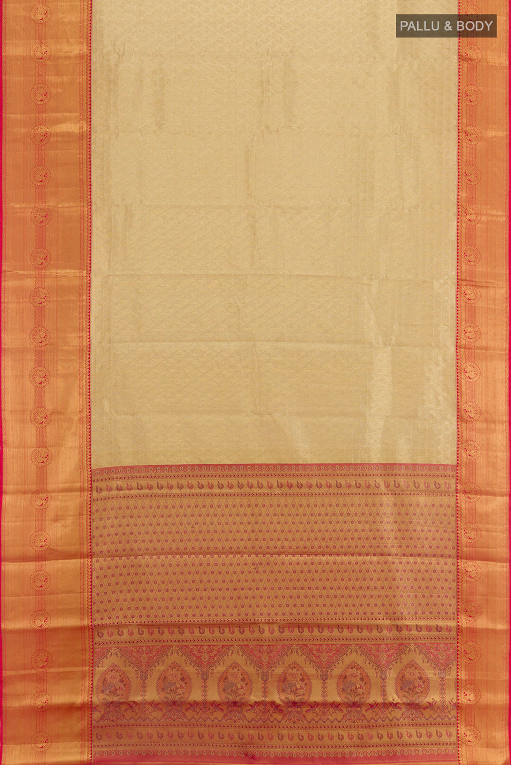 Flat view of Golden Kanjivaram Silk Saree with Zari Brocade on the body and Zari Border. 
