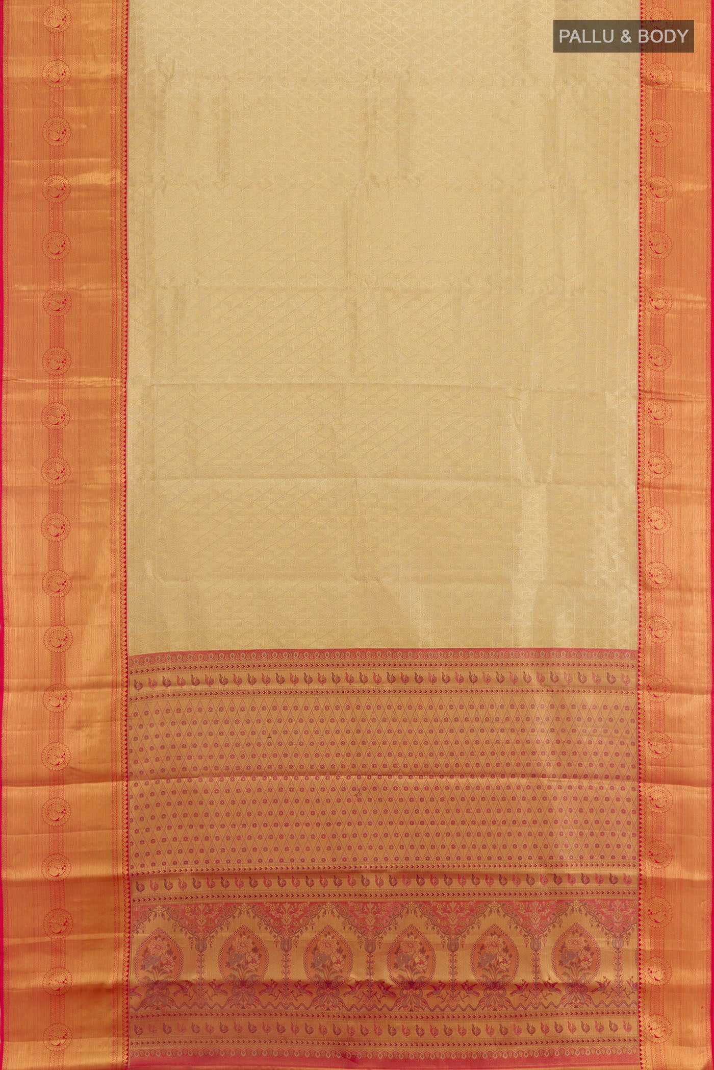 Flat view of Golden Kanjivaram Silk Saree with Zari Brocade on the body and Zari Border. 