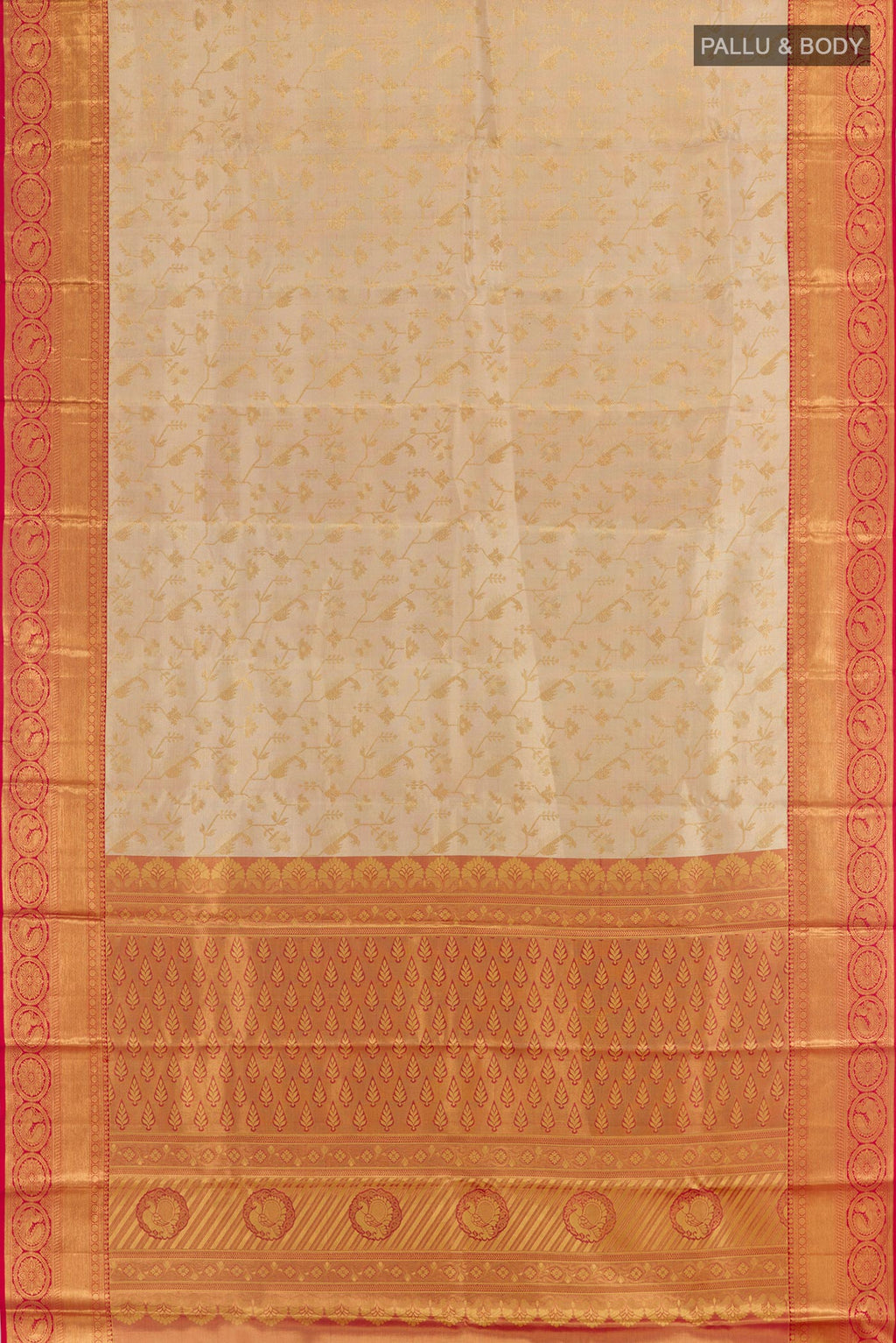 Flat view of Golden Kanjivaram Silk Saree with Zari Brocade on the body and Zari Border. 