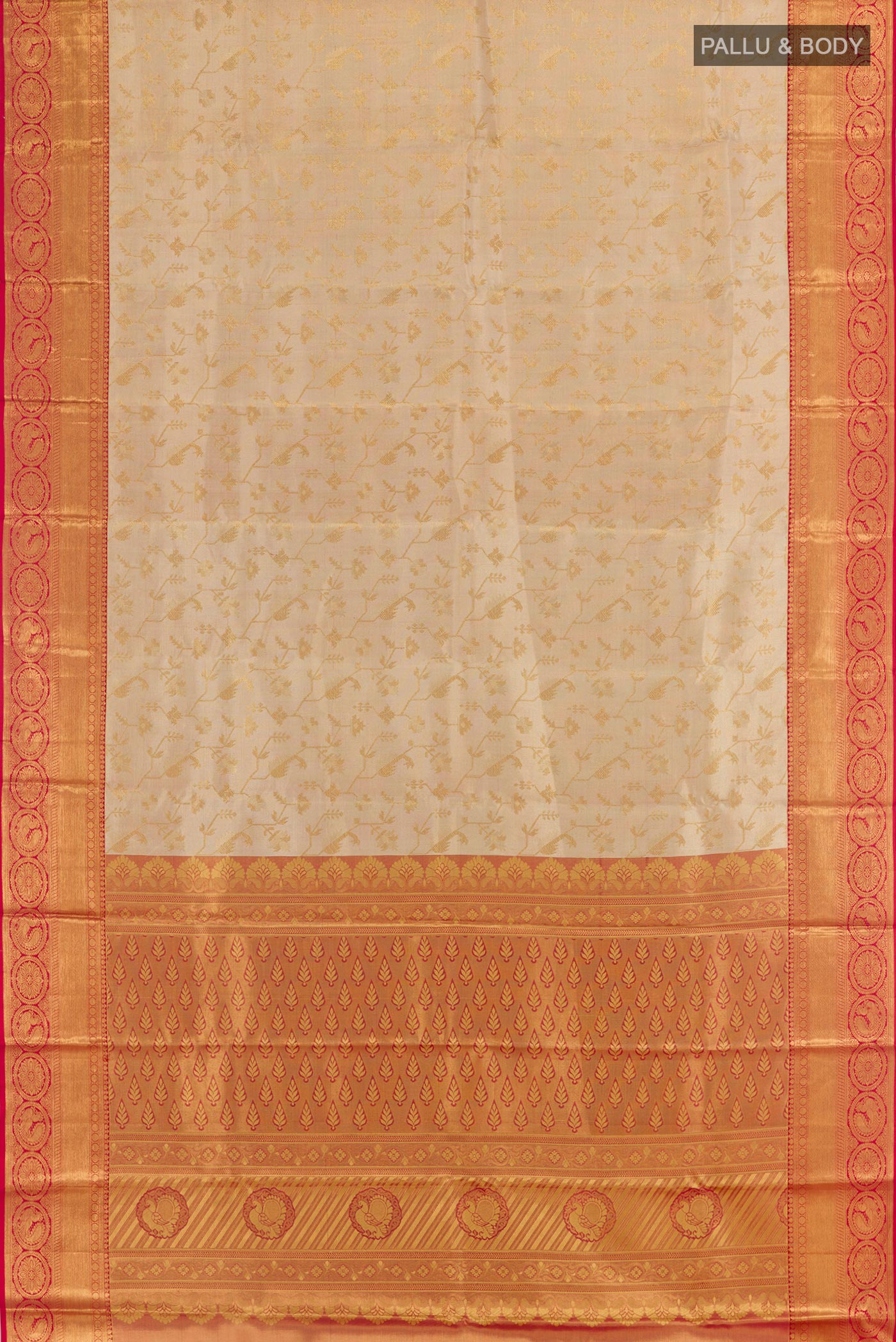 Flat view of Golden Kanjivaram Silk Saree with Zari Brocade on the body and Zari Border. 