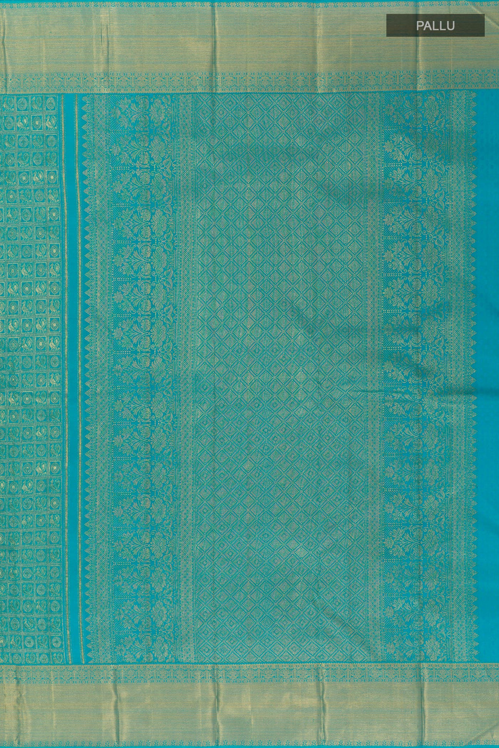 Close up image of the pallu of Blue Kanchipuram Silk Saree with Zari Brocade on the body and Zari Border. 
