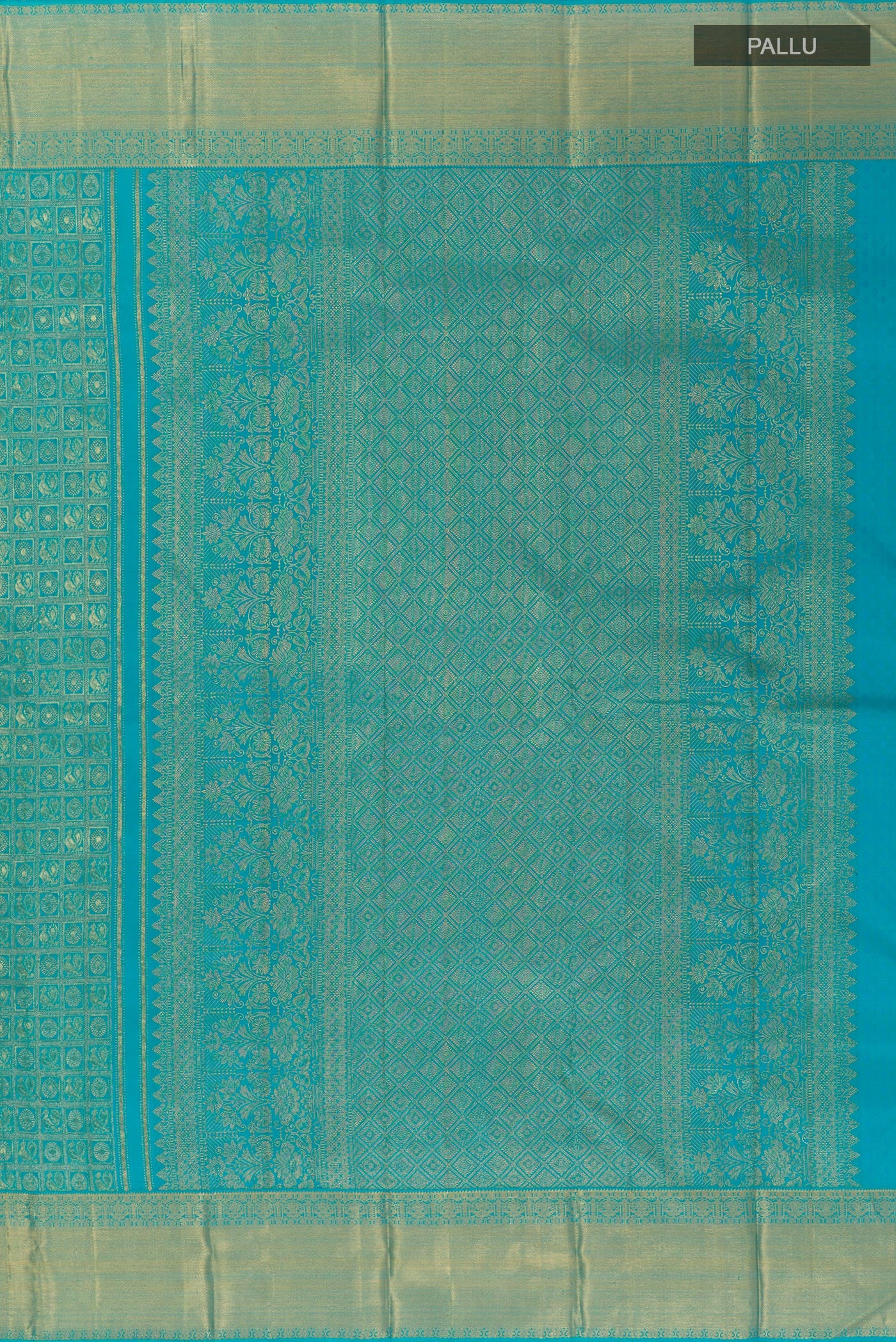 Close up image of the pallu of Blue Kanchipuram Silk Saree with Zari Brocade on the body and Zari Border. 