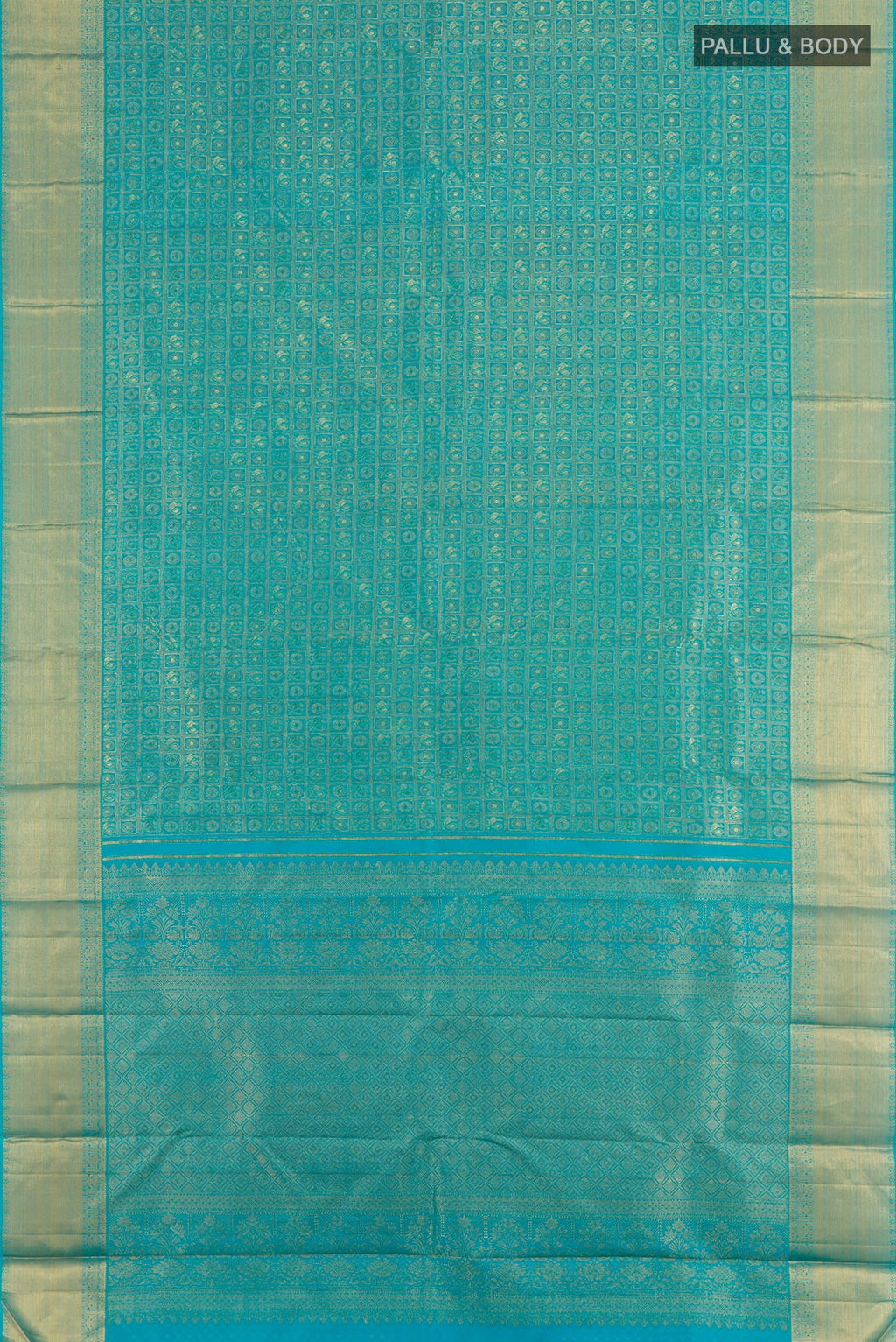 Flat view of Blue Kanchipuram Silk Saree with Zari Brocade on the body and Zari Border. 