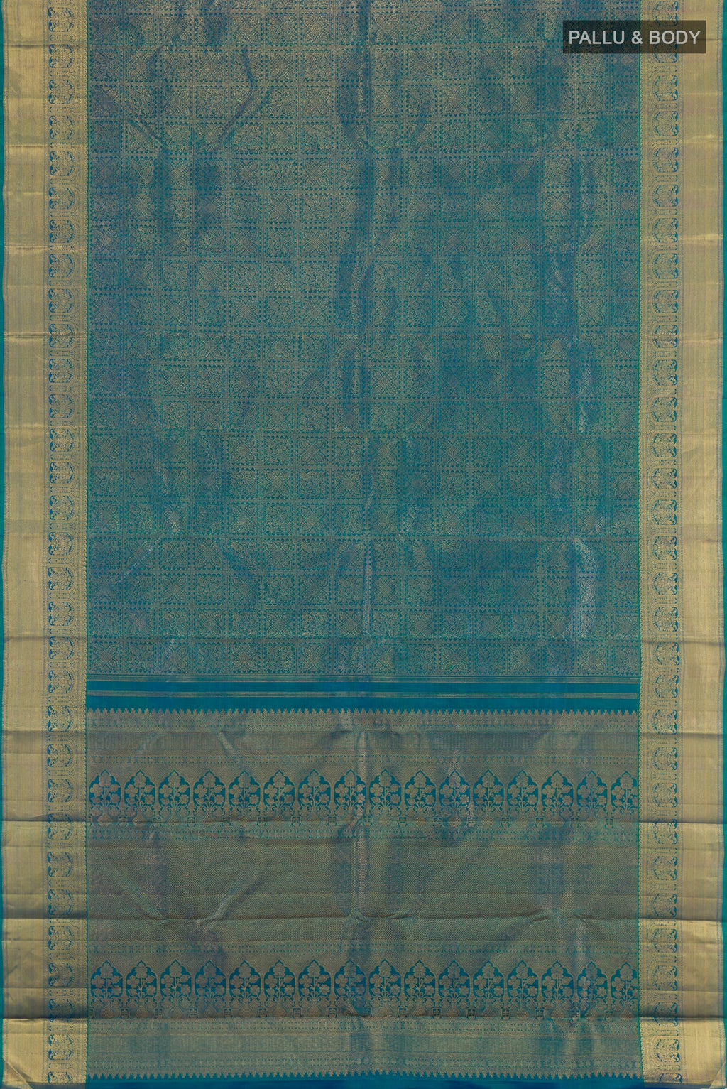 Flat view of Peacock Blue Kanchipuram Silk Saree with Zari Brocade on the body and Zari Border. 