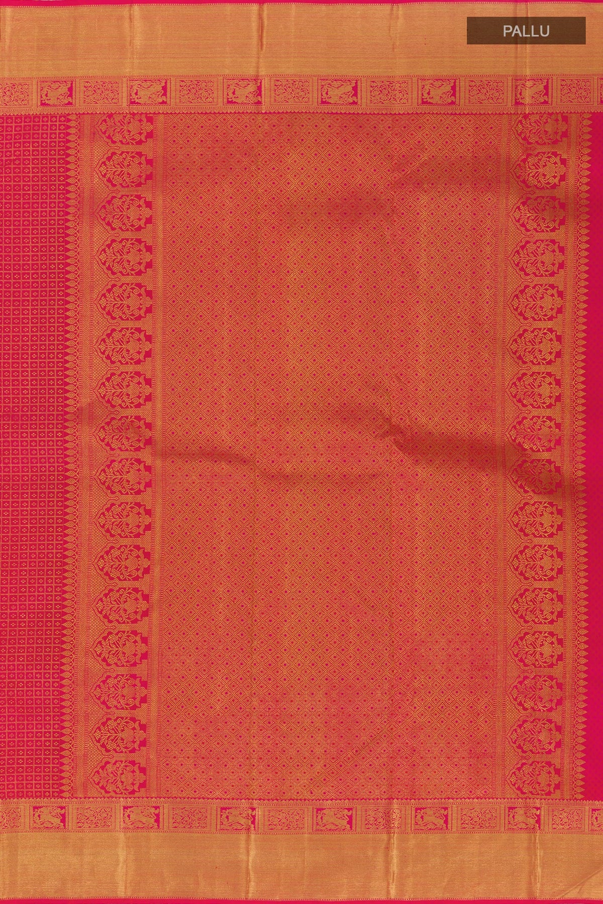 Close up image of the pallu of Pink Kanchipuram Silk Saree with Zari Brocade on the body and Zari Border. 
