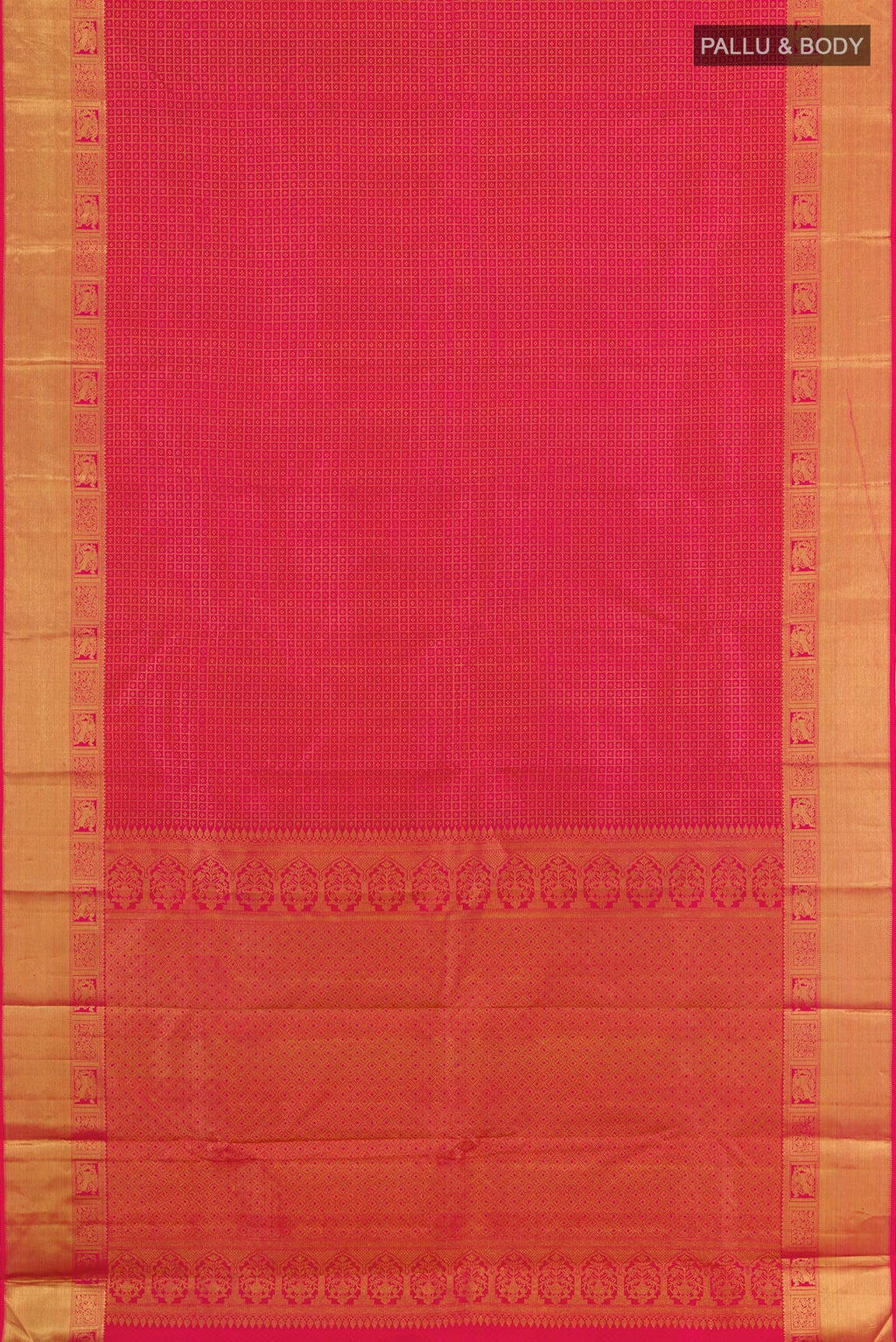 Flat view of Pink Kanchipuram Silk Saree with Zari Brocade on the body and Zari Border. 