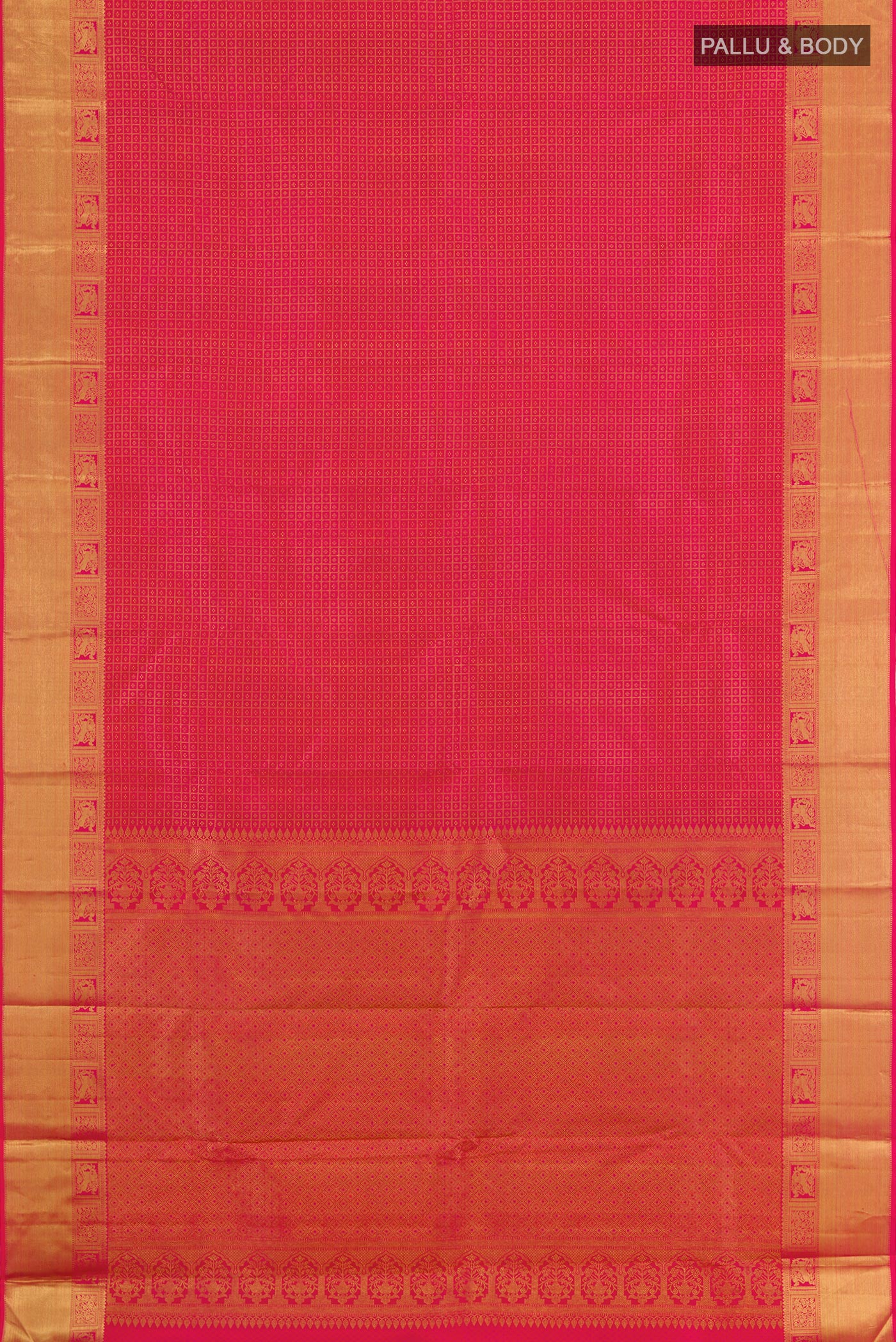 Flat view of Pink Kanchipuram Silk Saree with Zari Brocade on the body and Zari Border. 