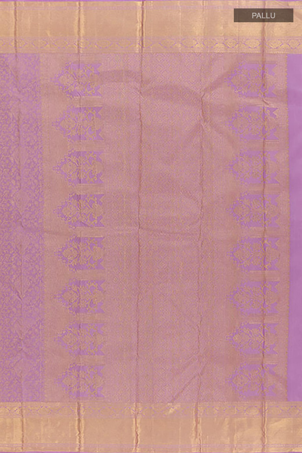 Close up image of the pallu of Lavender Kanchipuram Silk Saree with Zari Brocade on the body and Zari Border. 