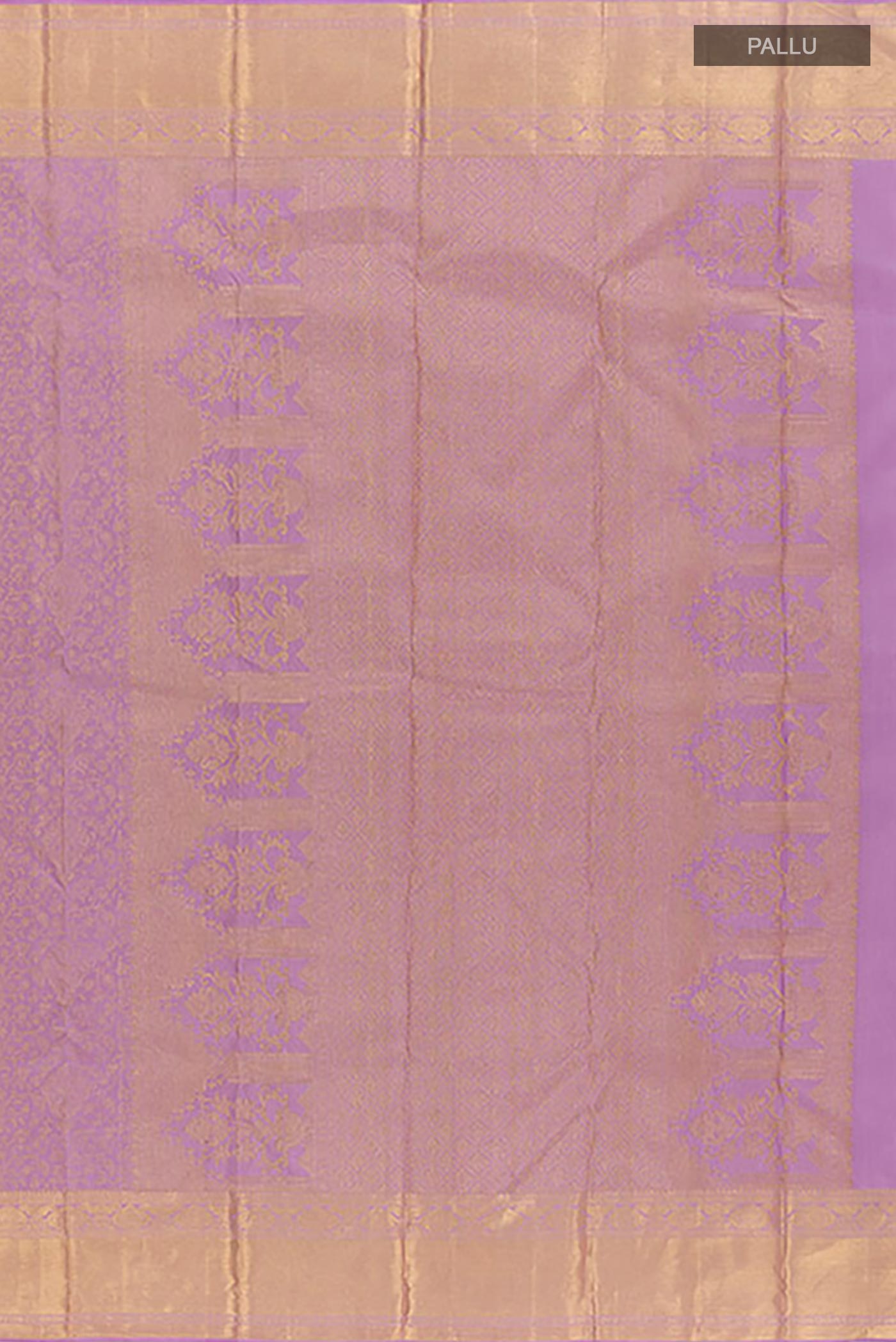 Close up image of the pallu of Lavender Kanchipuram Silk Saree with Zari Brocade on the body and Zari Border. 