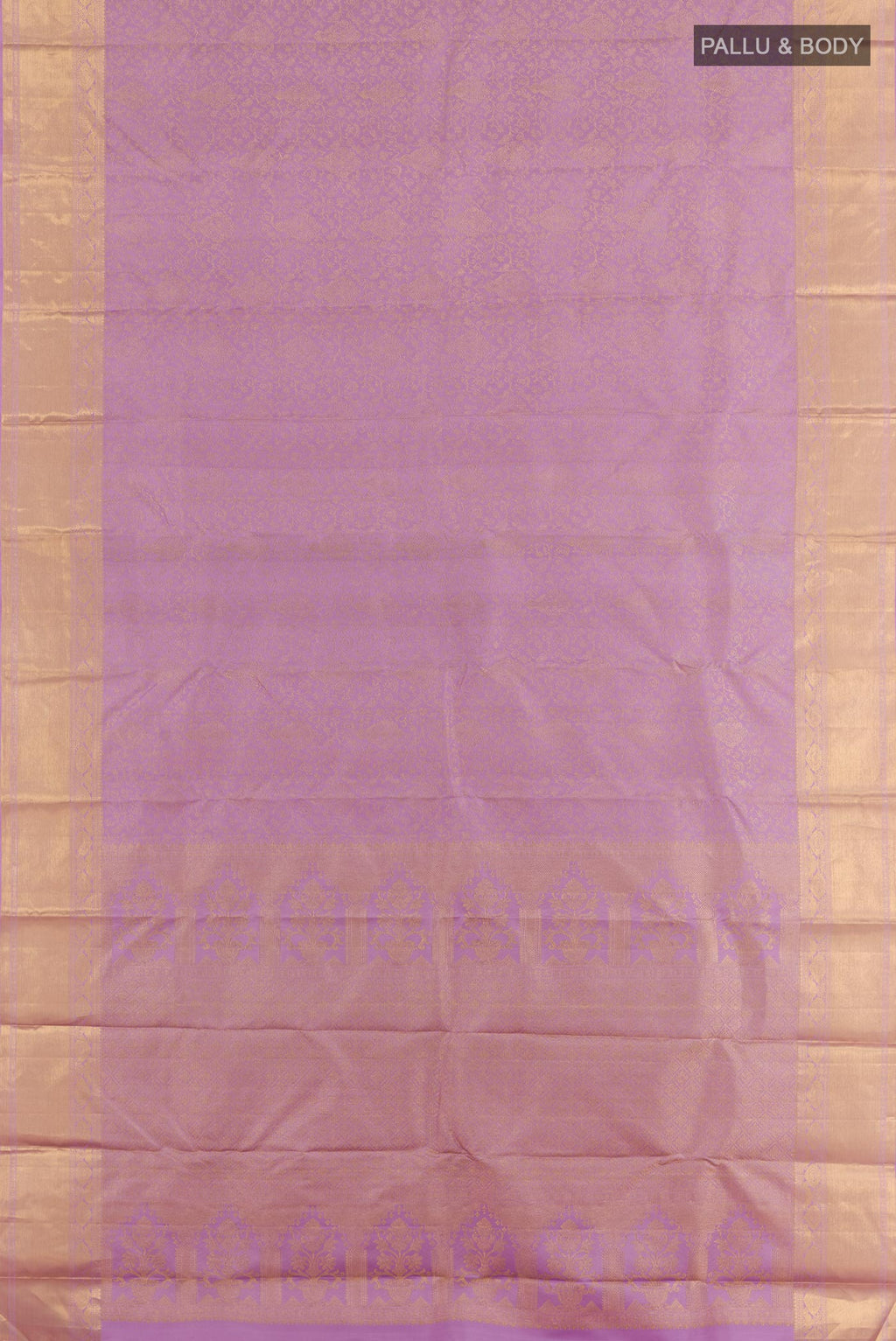 Flat view of Lavender Kanchipuram Silk Saree with Zari Brocade on the body and Zari Border. 