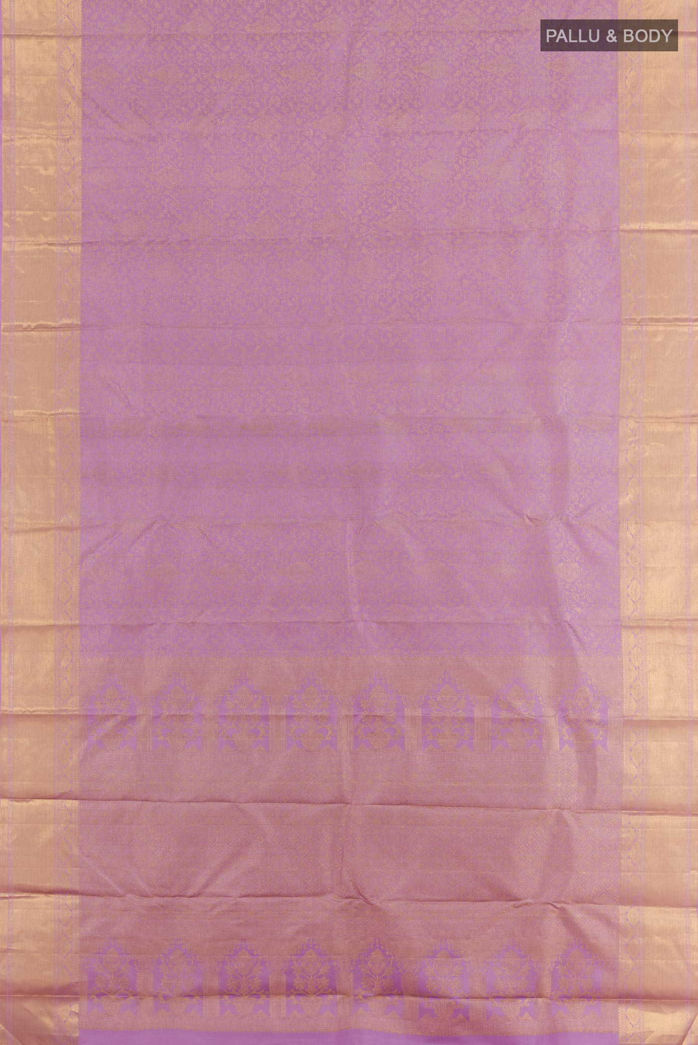 Flat view of Lavender Kanchipuram Silk Saree with Zari Brocade on the body and Zari Border. 